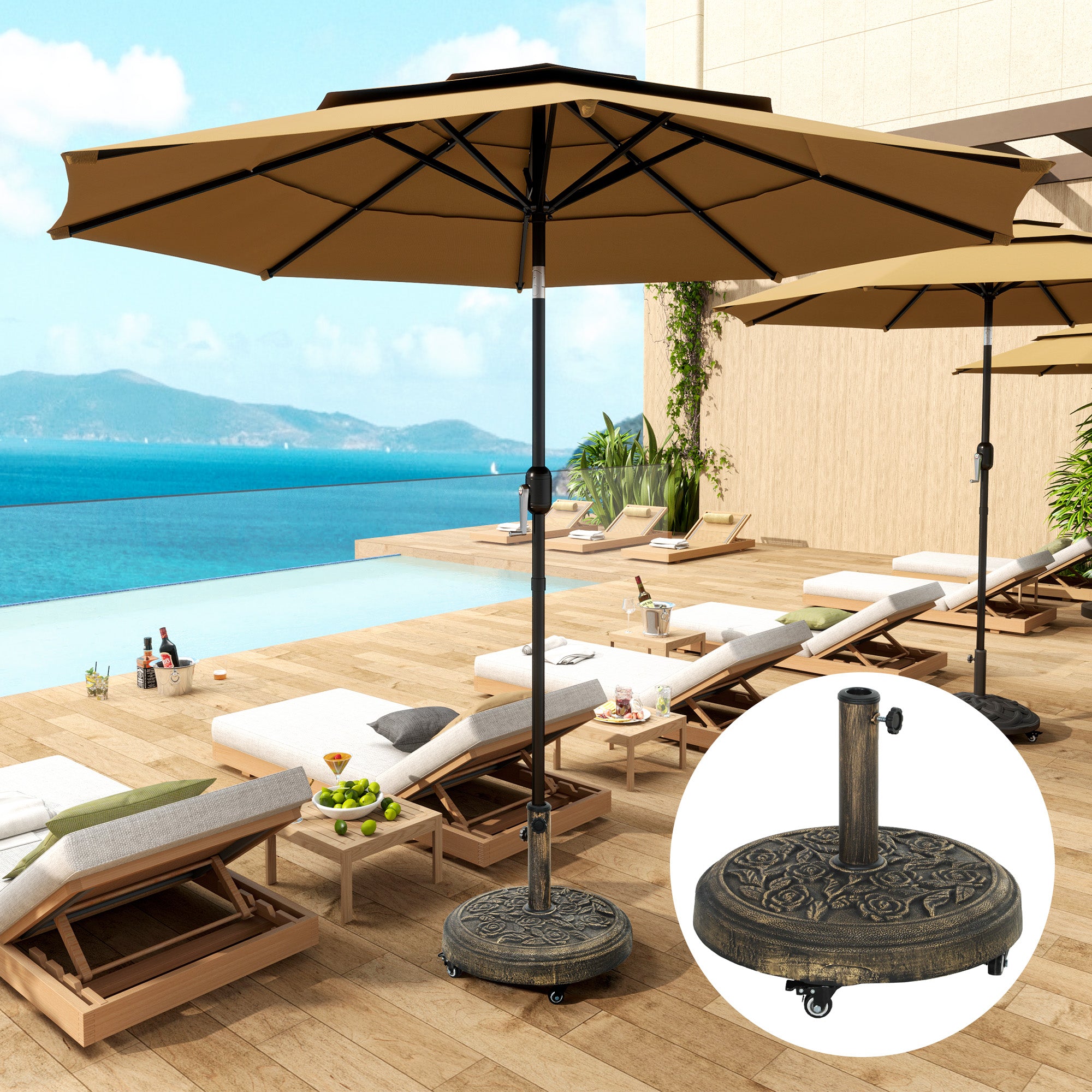 Outsunny Round Patio Umbrella Base, 46 lbs Resin Umbrella Stand with Wheels, Outdoor Umbrella Stand for 1.3"/1.5"/1.9" Umbrella Poles for Outdoor, Lawn, Poolside, Bronze