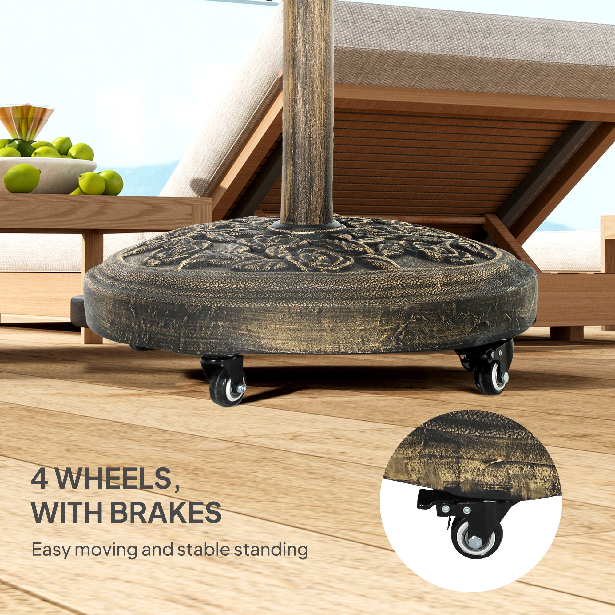 Outsunny Round Patio Umbrella Base, 46 lbs Resin Umbrella Stand with Wheels, Outdoor Umbrella Stand for 1.3"/1.5"/1.9" Umbrella Poles for Outdoor, Lawn, Poolside, Bronze