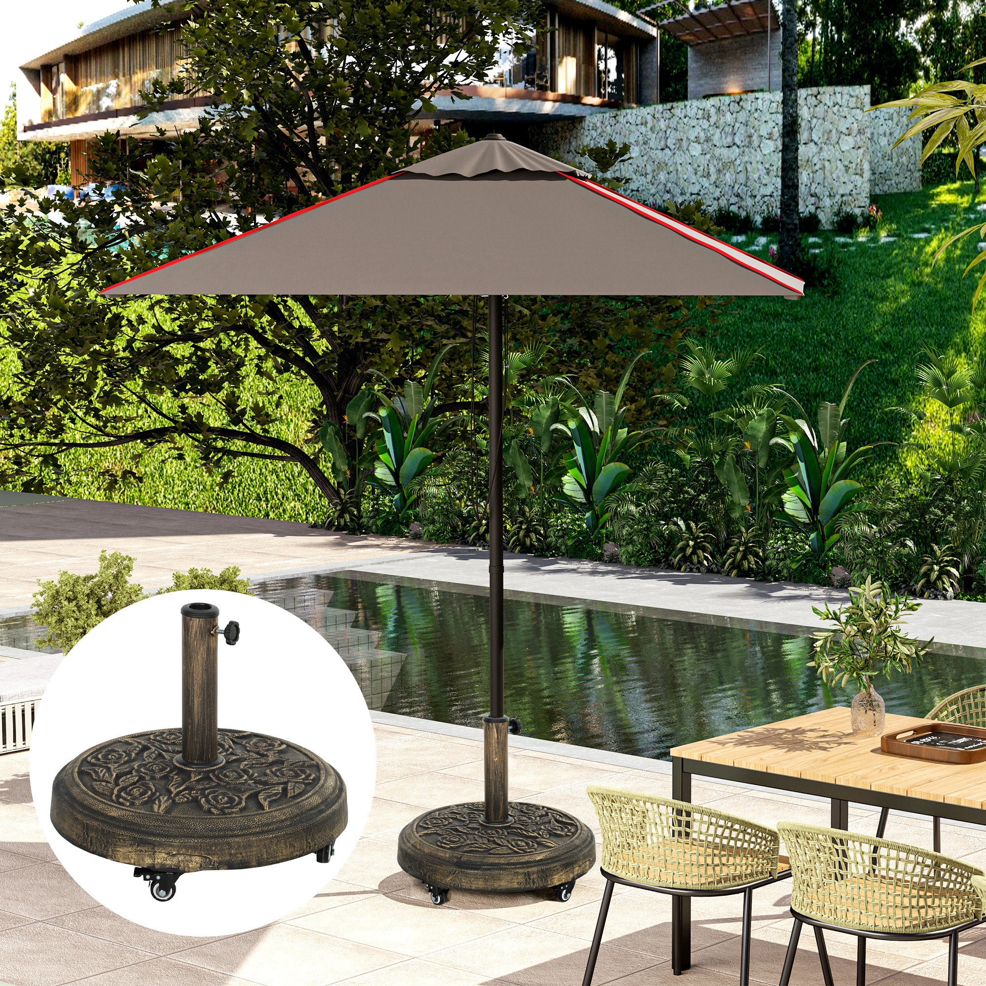 Outsunny Round Patio Umbrella Base, 46 lbs Resin Umbrella Stand with Wheels, Outdoor Umbrella Stand for 1.3"/1.5"/1.9" Umbrella Poles for Outdoor, Lawn, Poolside, Bronze