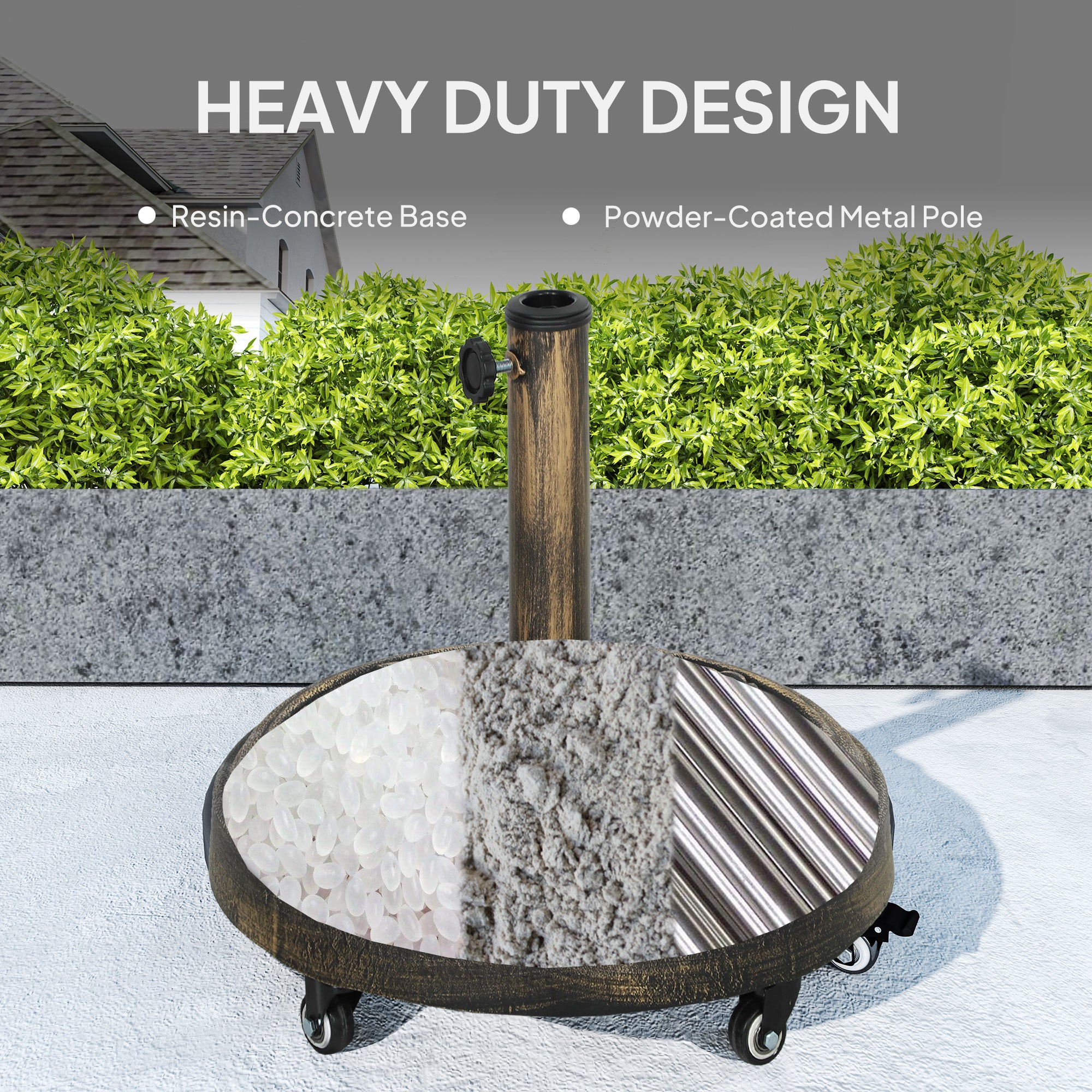 Outsunny Round Patio Umbrella Base, 46 lbs Resin Umbrella Stand with Wheels, Outdoor Umbrella Stand for 1.3"/1.5"/1.9" Umbrella Poles for Outdoor, Lawn, Poolside, Bronze