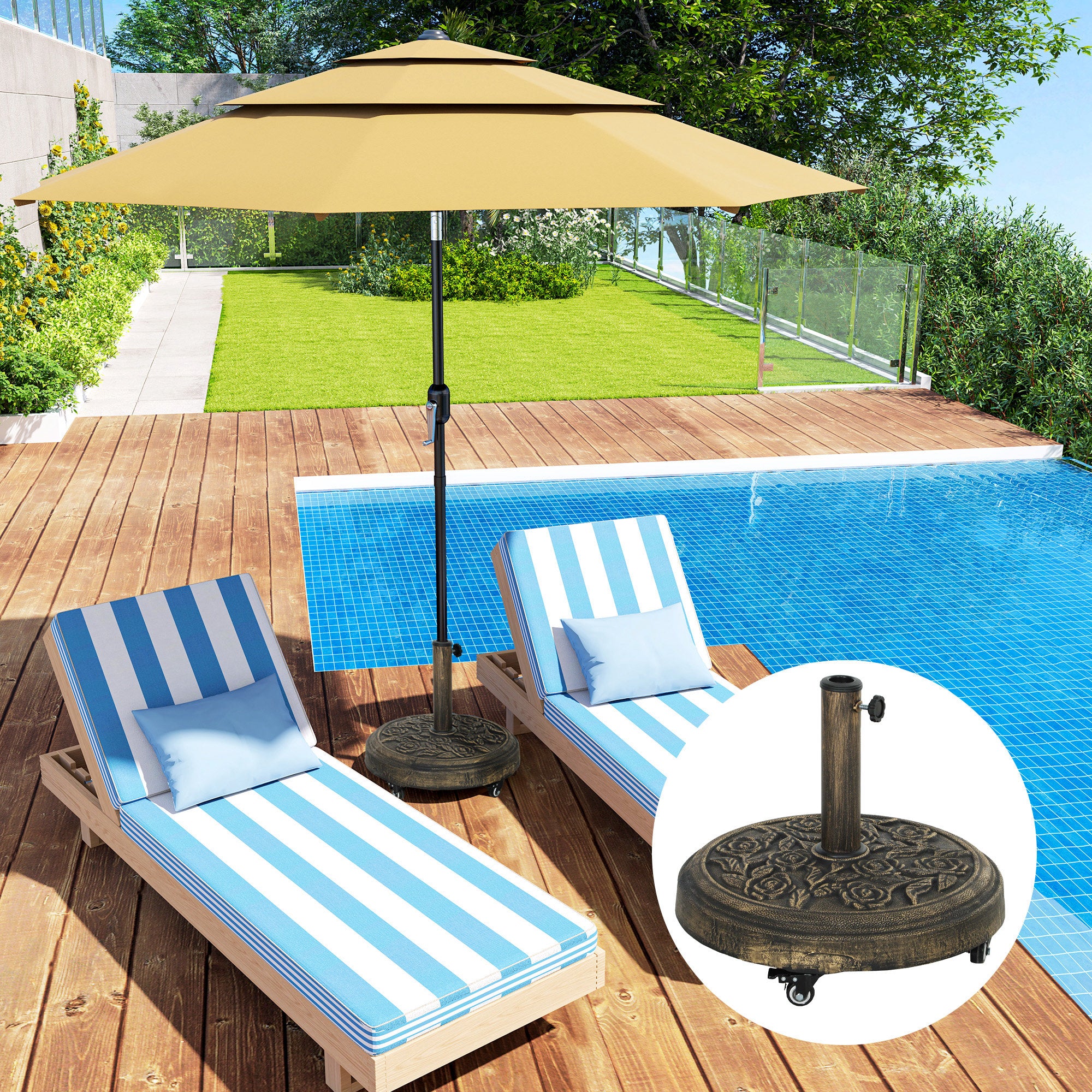 Outsunny Round Patio Umbrella Base, 46 lbs Resin Umbrella Stand with Wheels, Outdoor Umbrella Stand for 1.3"/1.5"/1.9" Umbrella Poles for Outdoor, Lawn, Poolside, Bronze