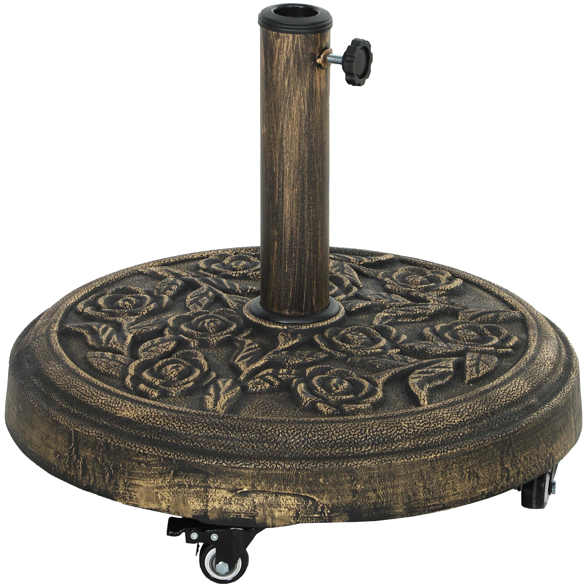 Outsunny Round Patio Umbrella Base, 46 lbs Resin Umbrella Stand with Wheels, Outdoor Umbrella Stand for 1.3"/1.5"/1.9" Umbrella Poles for Outdoor, Lawn, Poolside, Bronze