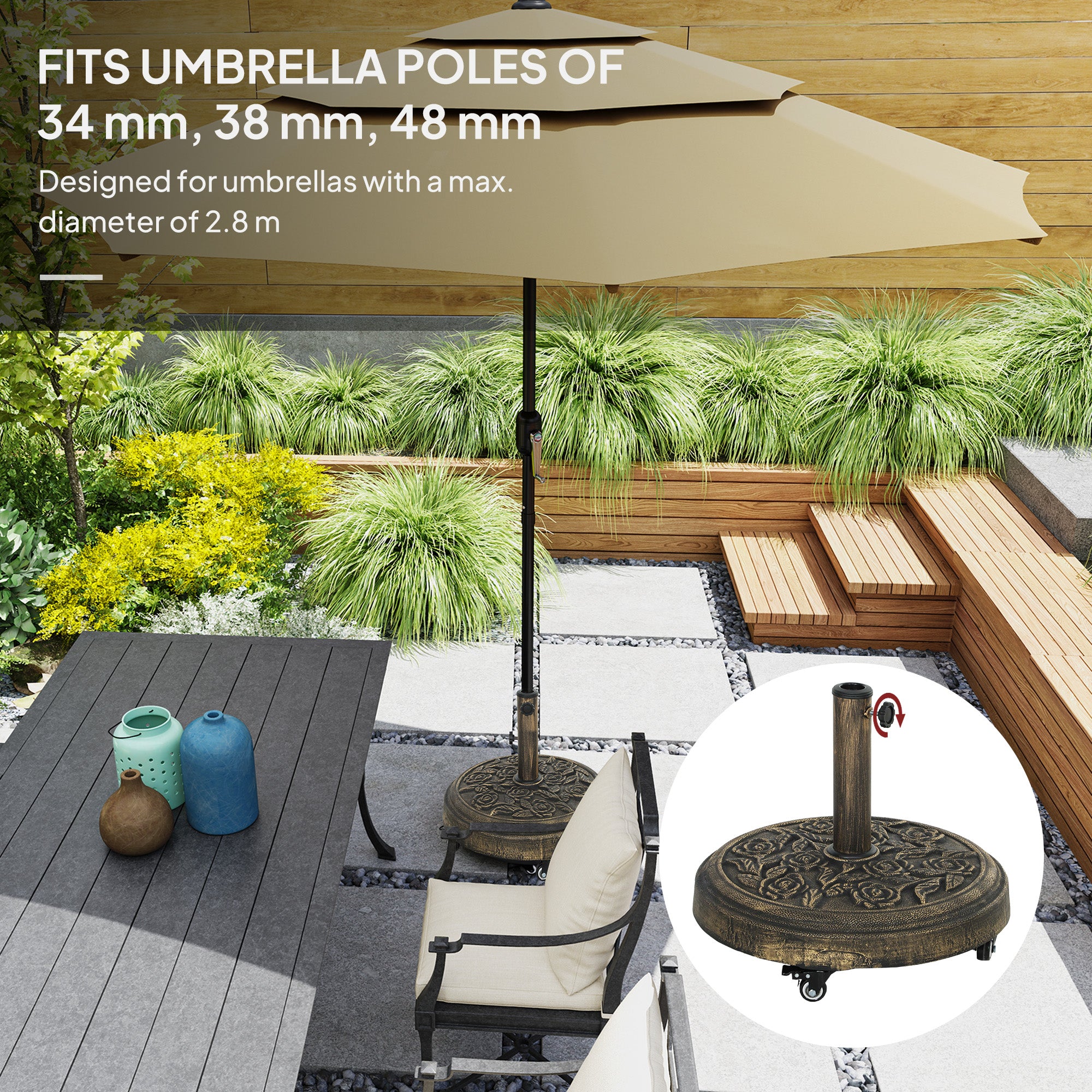 Outsunny Round Patio Umbrella Base, 46 lbs Resin Umbrella Stand with Wheels, Outdoor Umbrella Stand for 1.3"/1.5"/1.9" Umbrella Poles for Outdoor, Lawn, Poolside, Bronze