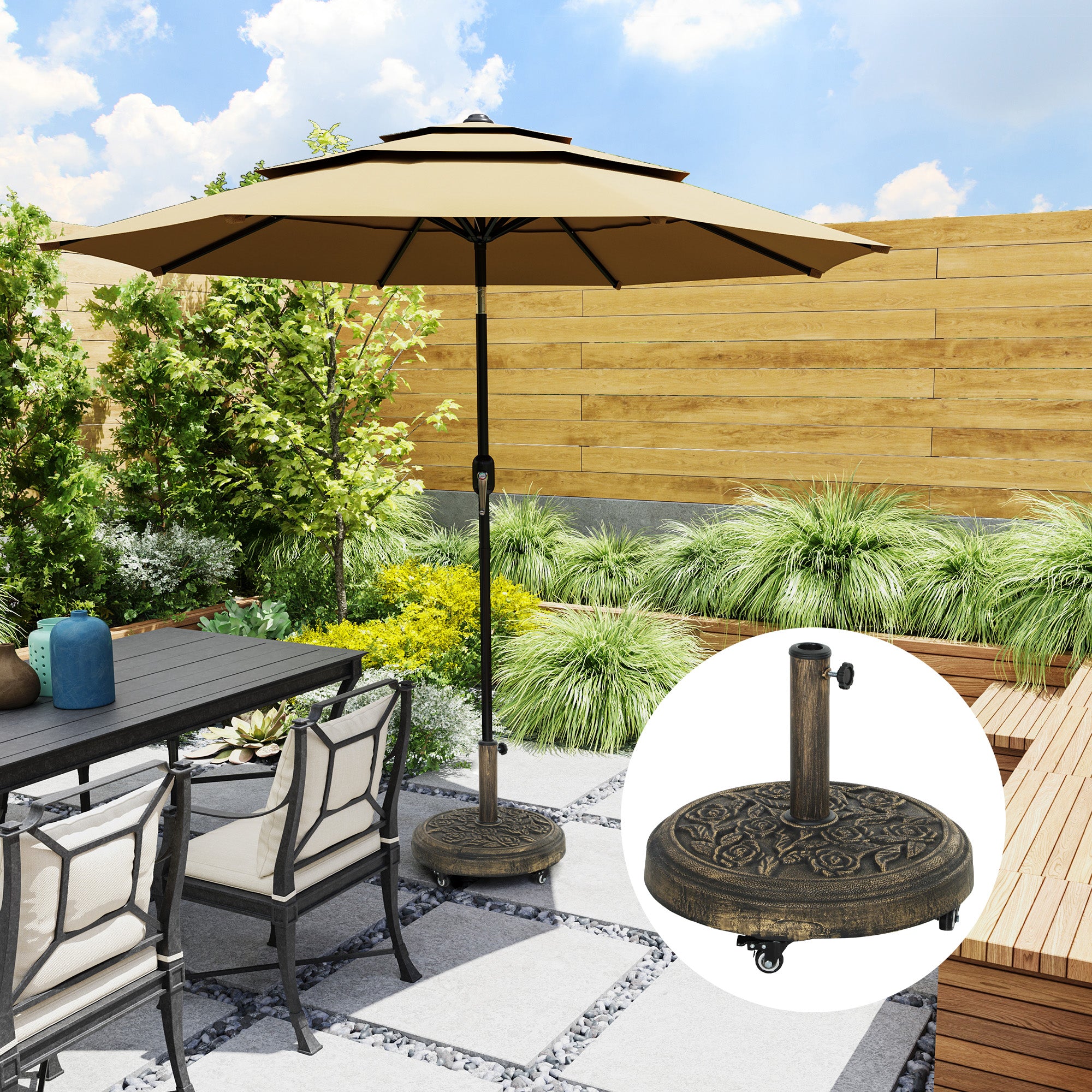 Outsunny Round Patio Umbrella Base, 46 lbs Resin Umbrella Stand with Wheels, Outdoor Umbrella Stand for 1.3"/1.5"/1.9" Umbrella Poles for Outdoor, Lawn, Poolside, Bronze