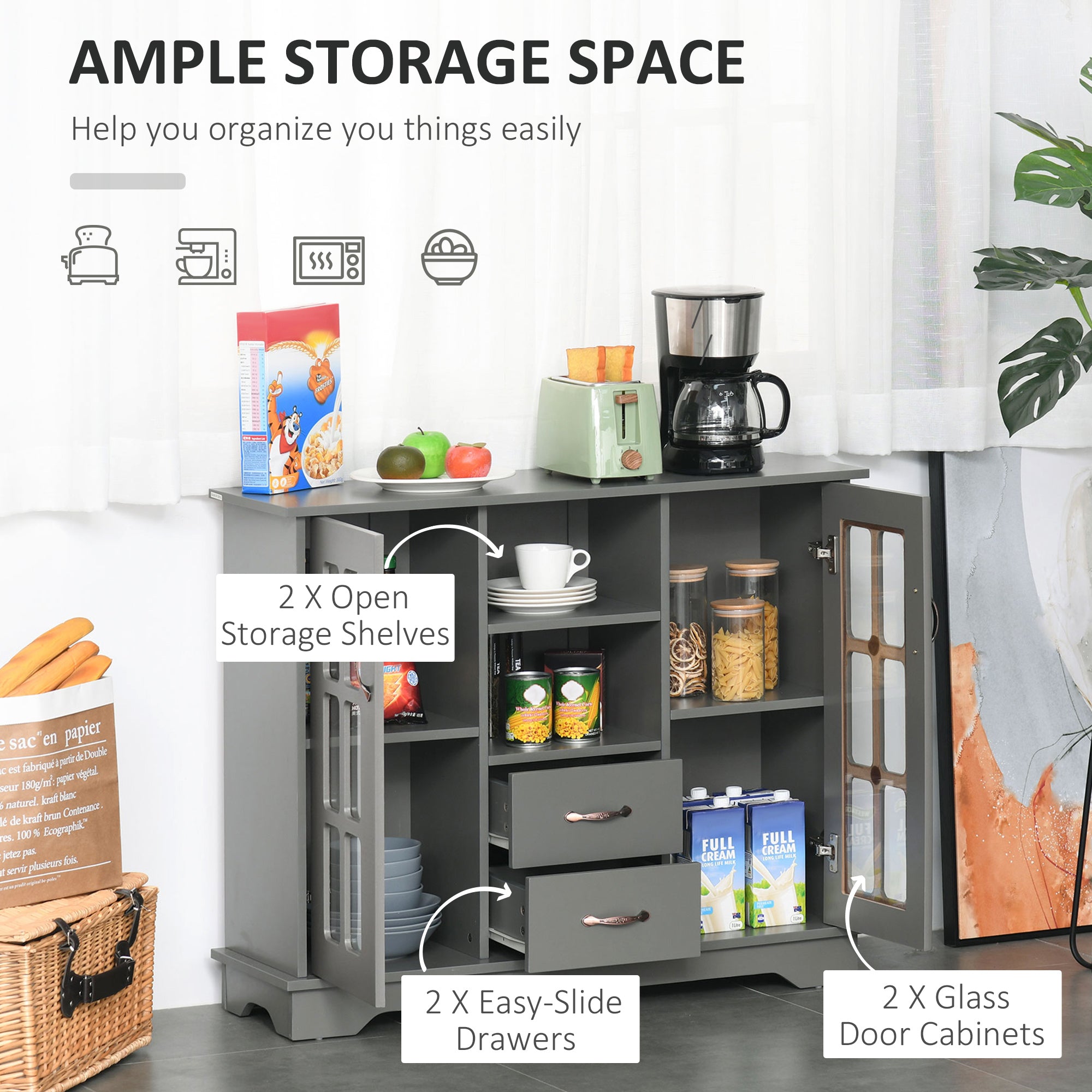 HOMCOM Kitchen Sideboard with 2 Drawers, Modern Buffet Cabinet, Coffee Bar Cabinet with Glass Doors and Open Shelf, Console Table, Grey