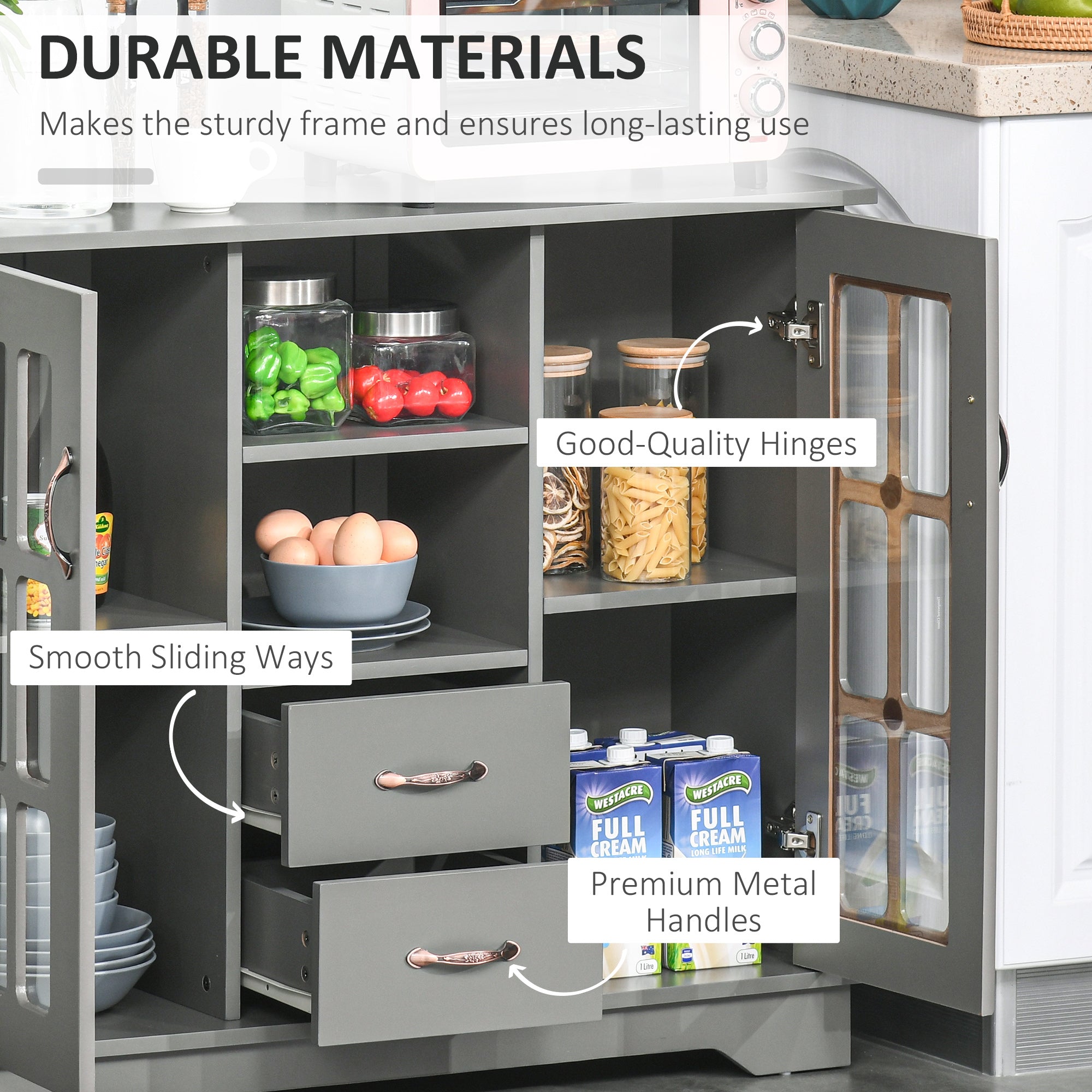 HOMCOM Kitchen Sideboard with 2 Drawers, Modern Buffet Cabinet, Coffee Bar Cabinet with Glass Doors and Open Shelf, Console Table, Grey