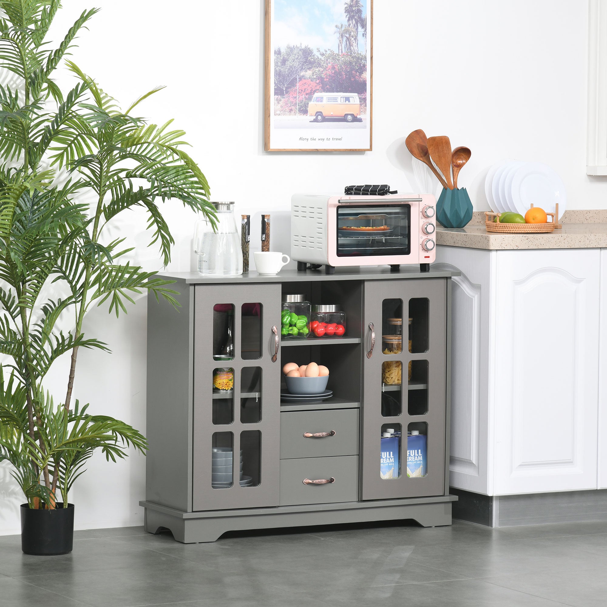 HOMCOM Kitchen Sideboard with 2 Drawers, Modern Buffet Cabinet, Coffee Bar Cabinet with Glass Doors and Open Shelf, Console Table, Grey