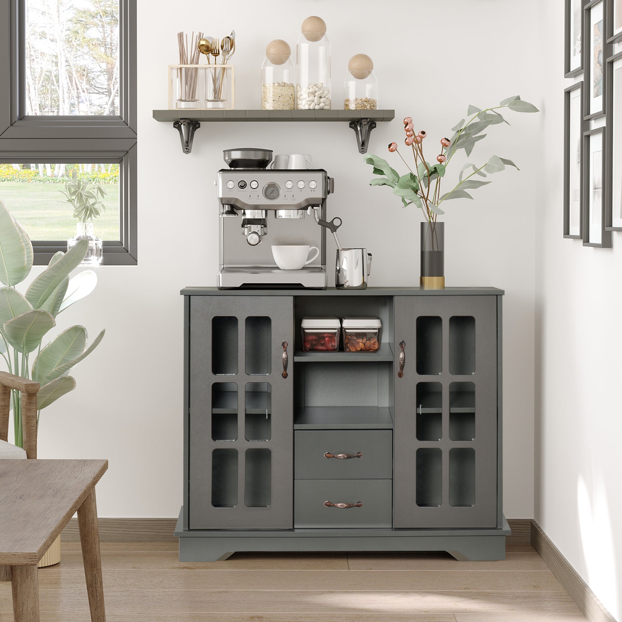 HOMCOM Kitchen Sideboard with 2 Drawers, Modern Buffet Cabinet, Coffee Bar Cabinet with Glass Doors and Open Shelf, Console Table, Grey