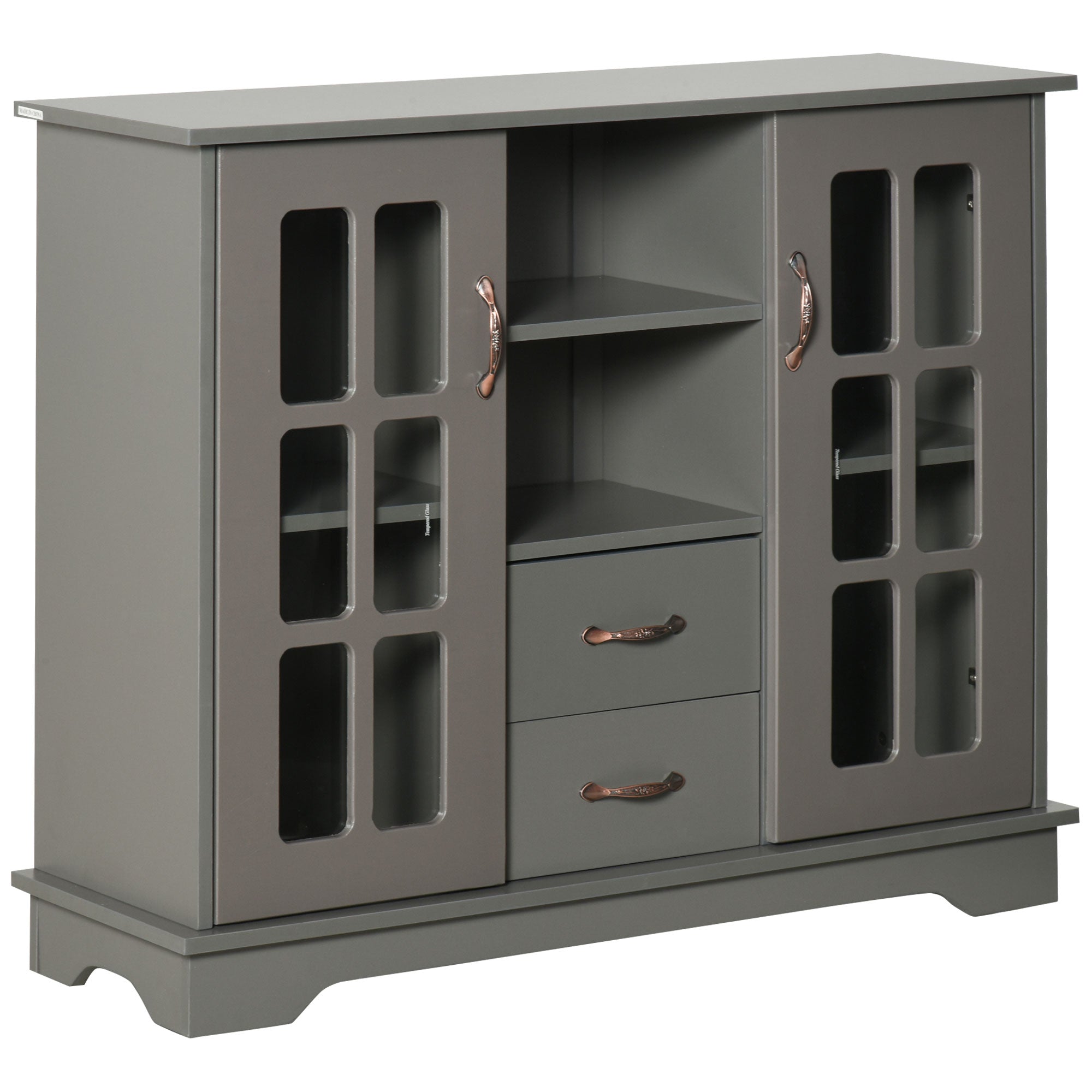 HOMCOM Kitchen Sideboard with 2 Drawers, Modern Buffet Cabinet, Coffee Bar Cabinet with Glass Doors and Open Shelf, Console Table, Grey