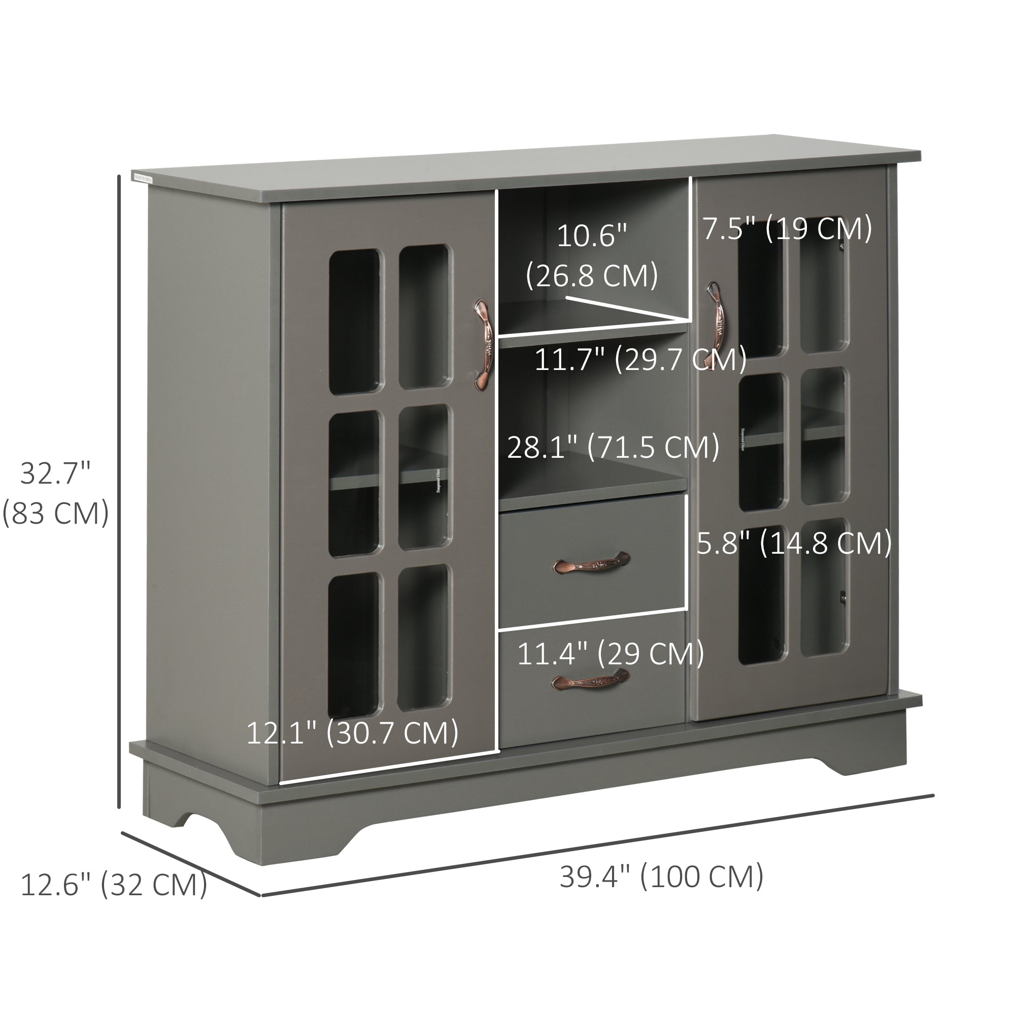 HOMCOM Kitchen Sideboard with 2 Drawers, Modern Buffet Cabinet, Coffee Bar Cabinet with Glass Doors and Open Shelf, Console Table, Grey