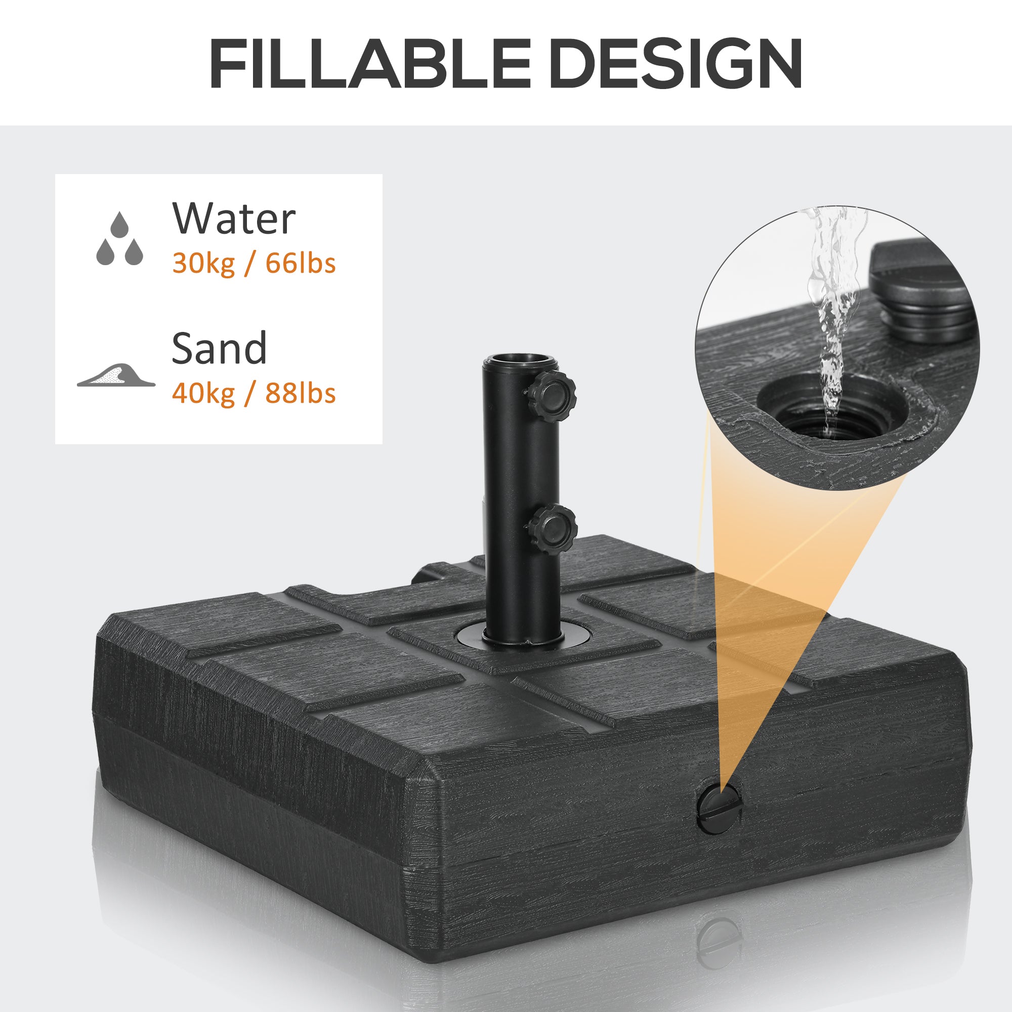 Outsunny 88 lbs. Fillable Umbrella Base with Steel, Umbrella Holder for 1.3", 1.5" or 1.9" Umbrella Poles, Square & Reversible Heavy Duty Market Umbrella Stand, Black