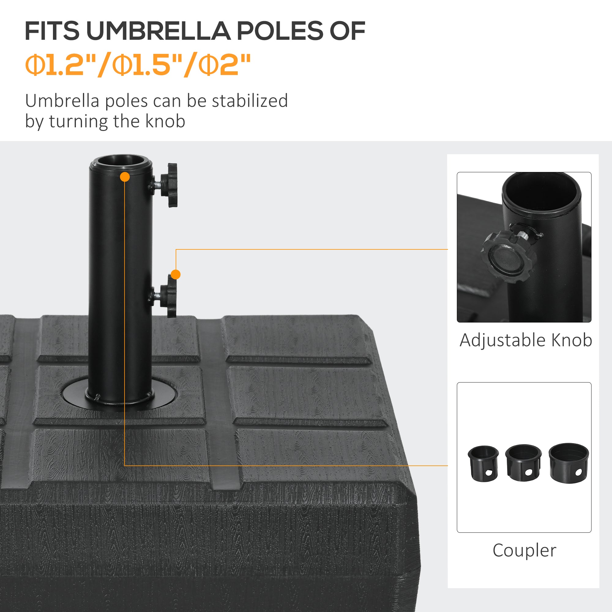 Outsunny 88 lbs. Fillable Umbrella Base with Steel, Umbrella Holder for 1.3", 1.5" or 1.9" Umbrella Poles, Square & Reversible Heavy Duty Market Umbrella Stand, Black