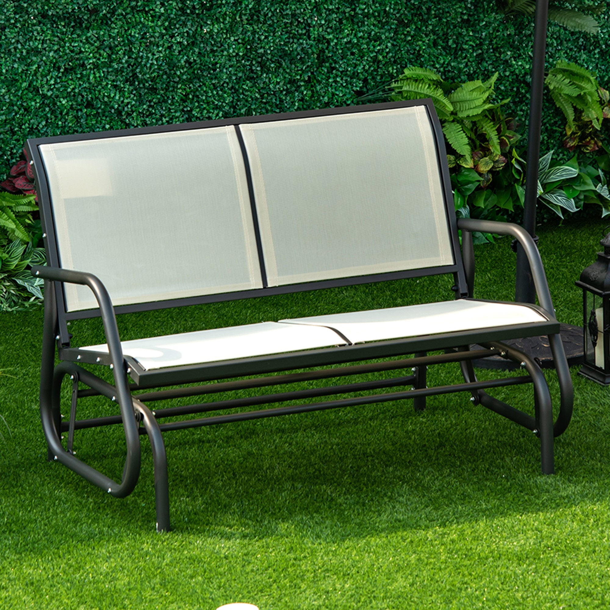 Outsunny Patio Double Glider Outdoor Steel Sling Fabric Gliding Bench Garden Swing Chair Heavy-Duty Porch Rocker Garden Loveseat Cream