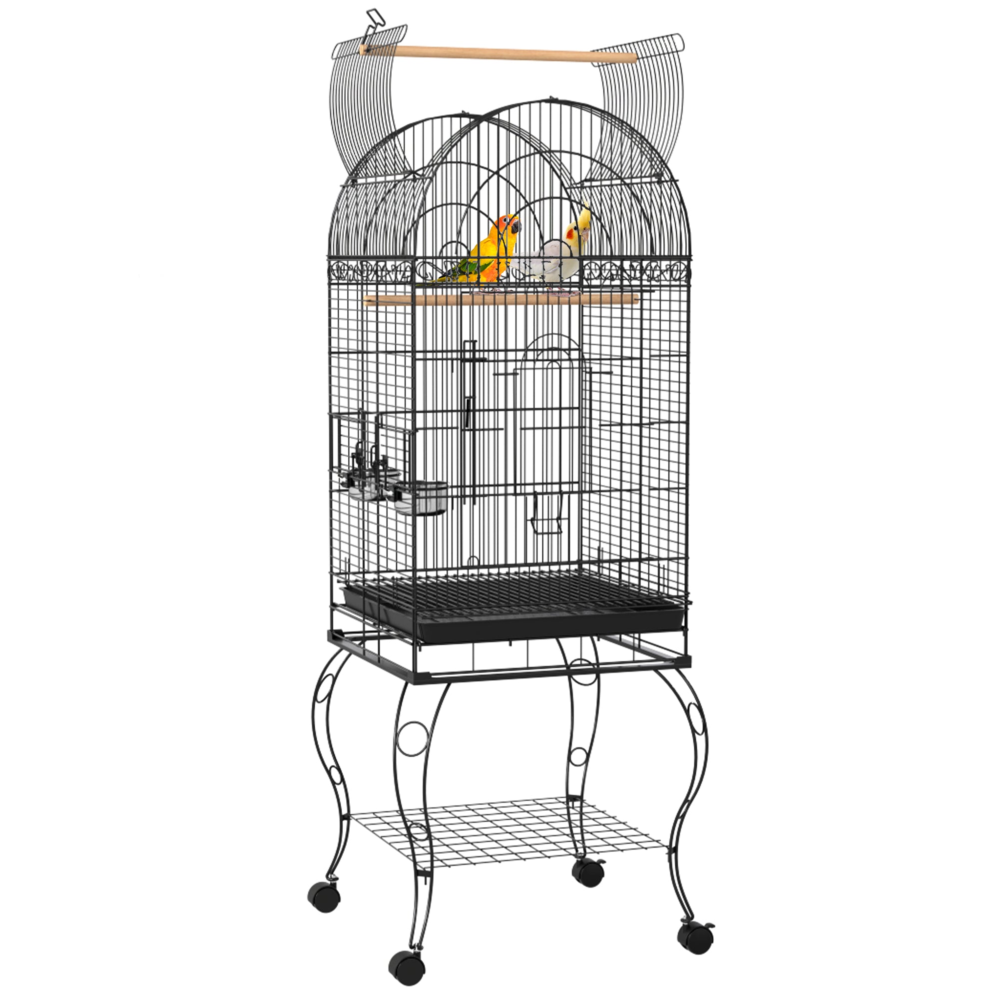 PawHut Play Open Top Bird Cage 60" Parrot Cage for Cockatiel, Sun Conure with Rolling Stand, Removable Tray, Perches, Storage Shelf Black, 20.1" x 20.1"