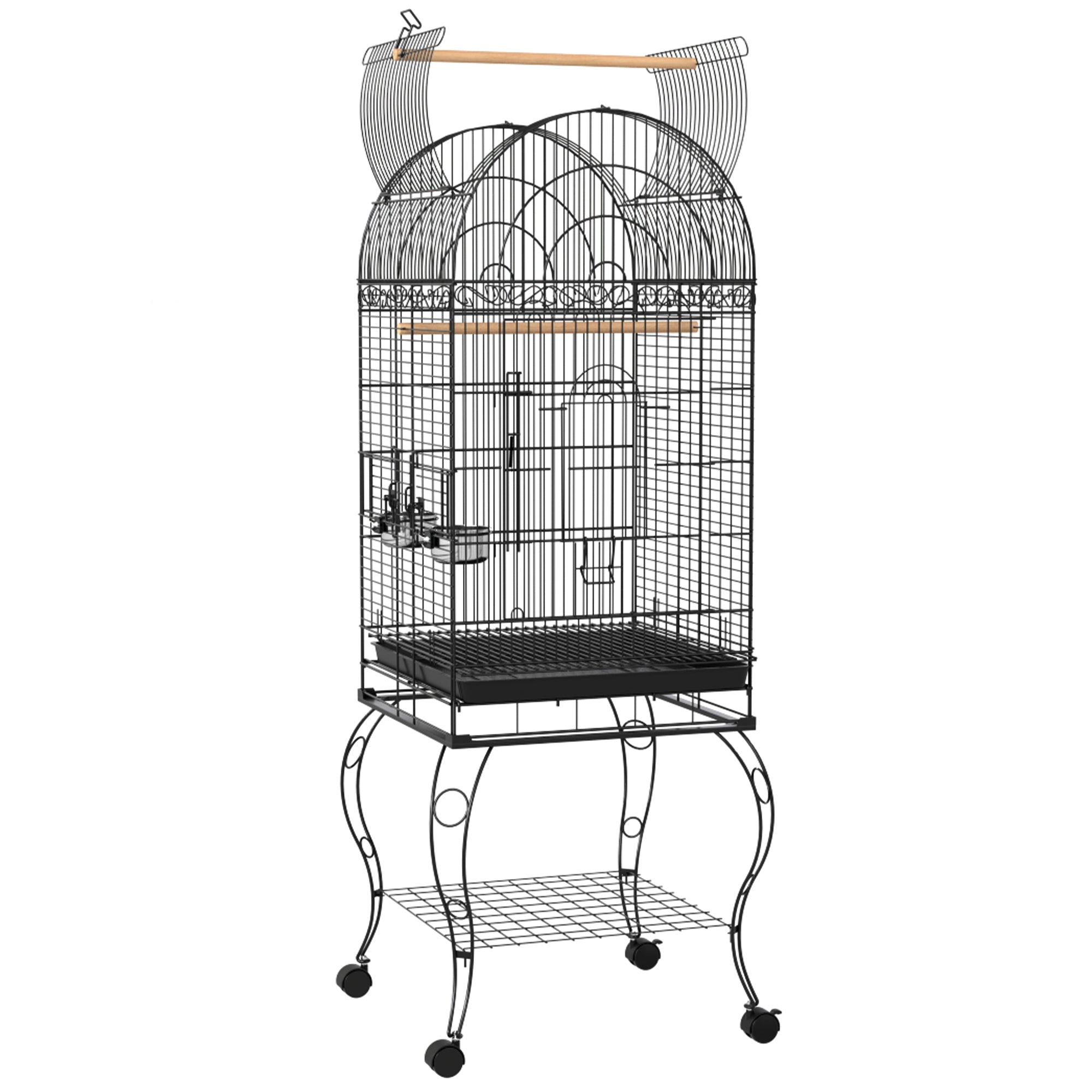 PawHut Play Open Top Bird Cage 60" Parrot Cage for Cockatiel, Sun Conure with Rolling Stand, Removable Tray, Perches, Storage Shelf Black, 20.1" x 20.1"