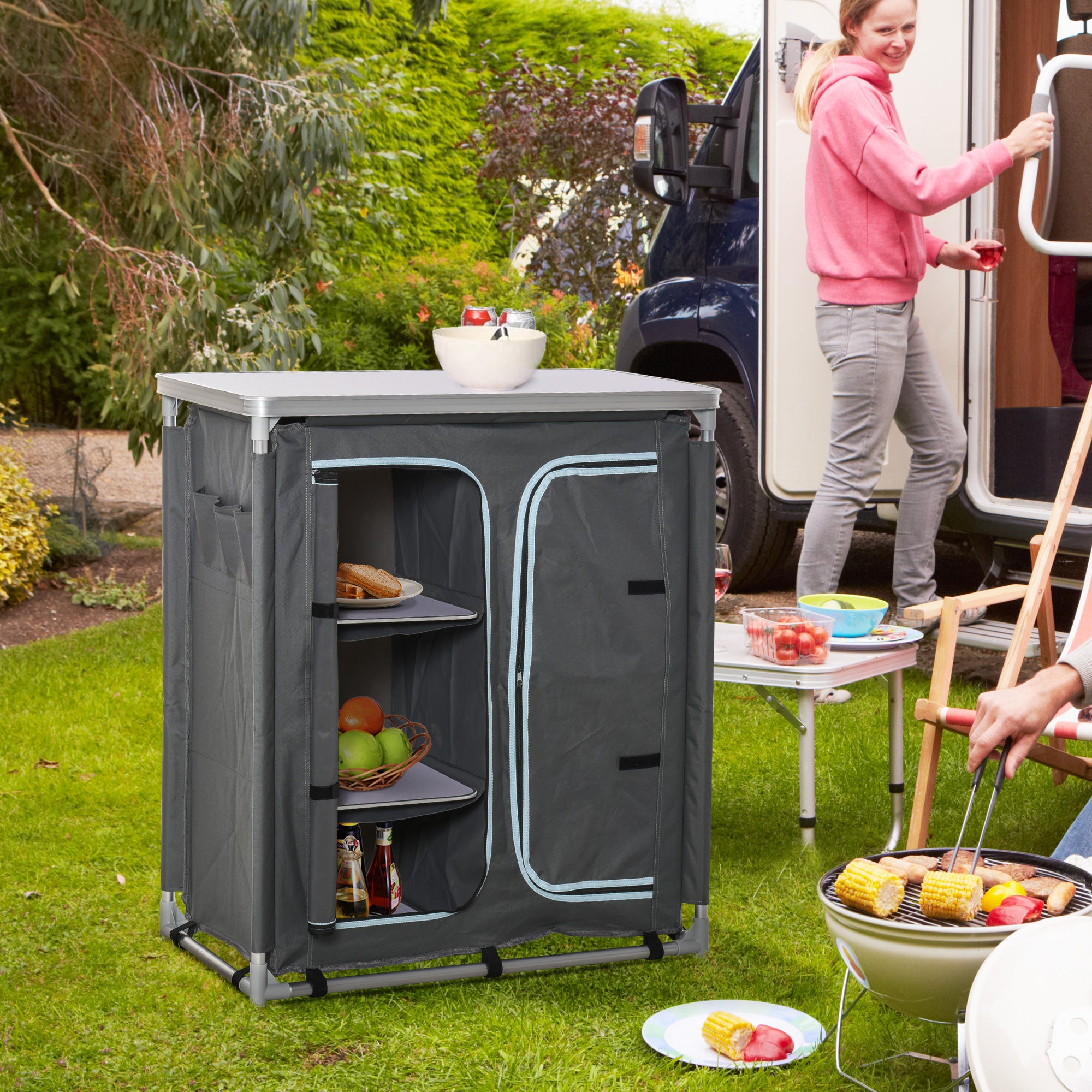 Outsunny Camping Kitchen Station, Aluminum Camping Table Cook Cupboard with 3-Shelf and Carrying Bag for BBQ Party Picnics Backyards