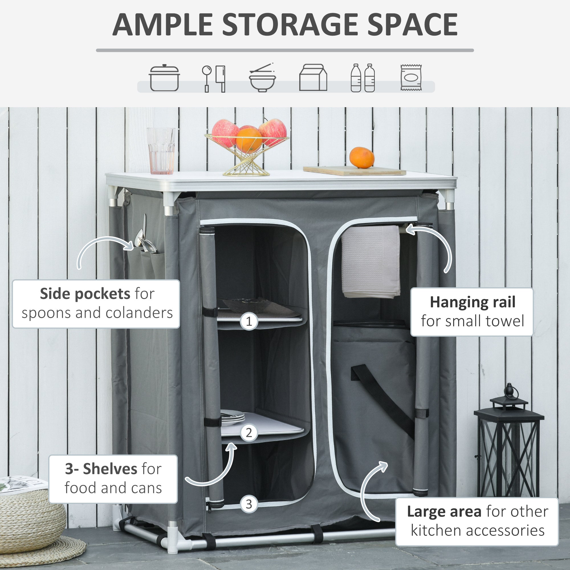 Outsunny Camping Kitchen Station, Aluminum Camping Table Cook Cupboard with 3-Shelf and Carrying Bag for BBQ Party Picnics Backyards