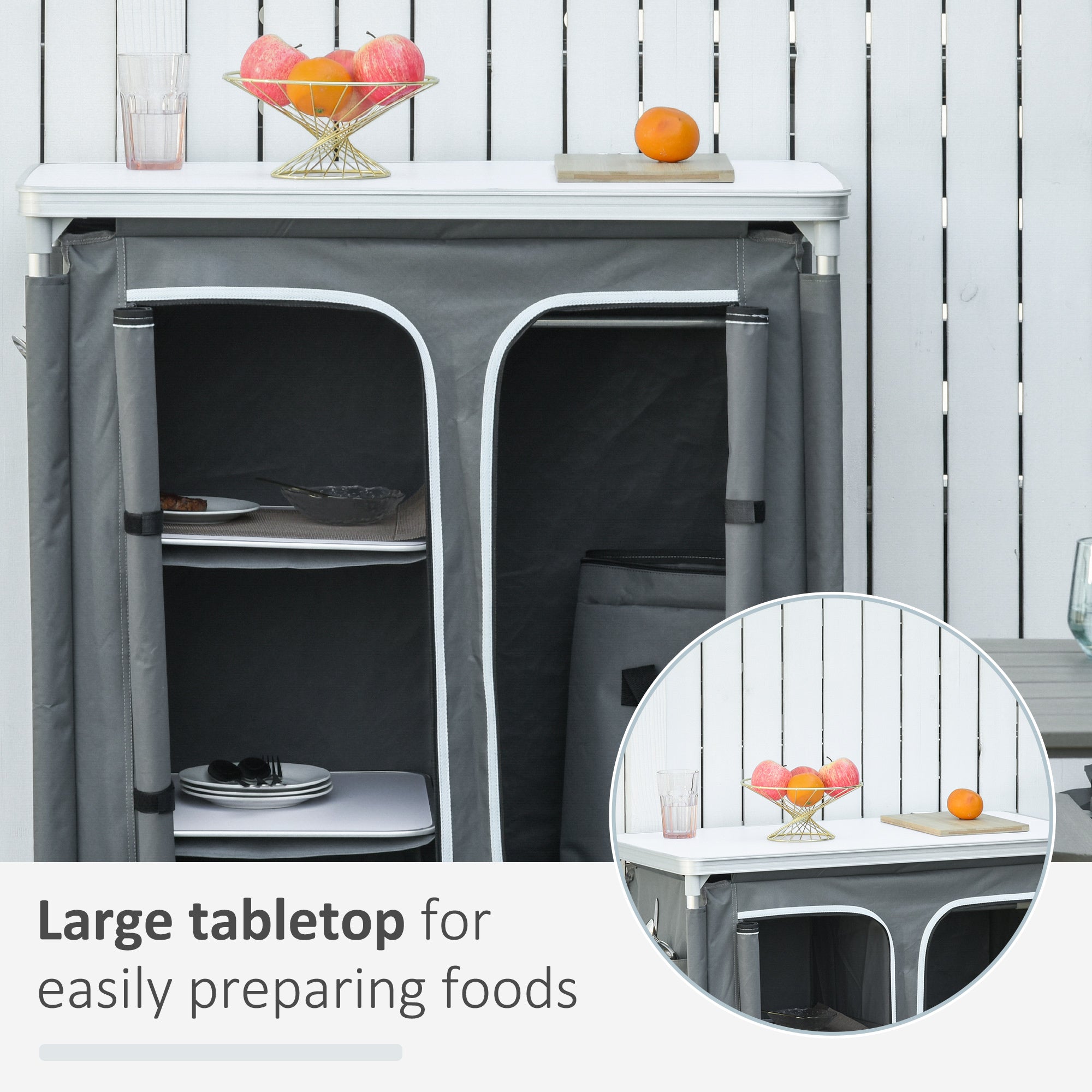 Outsunny Camping Kitchen Station, Aluminum Camping Table Cook Cupboard with 3-Shelf and Carrying Bag for BBQ Party Picnics Backyards