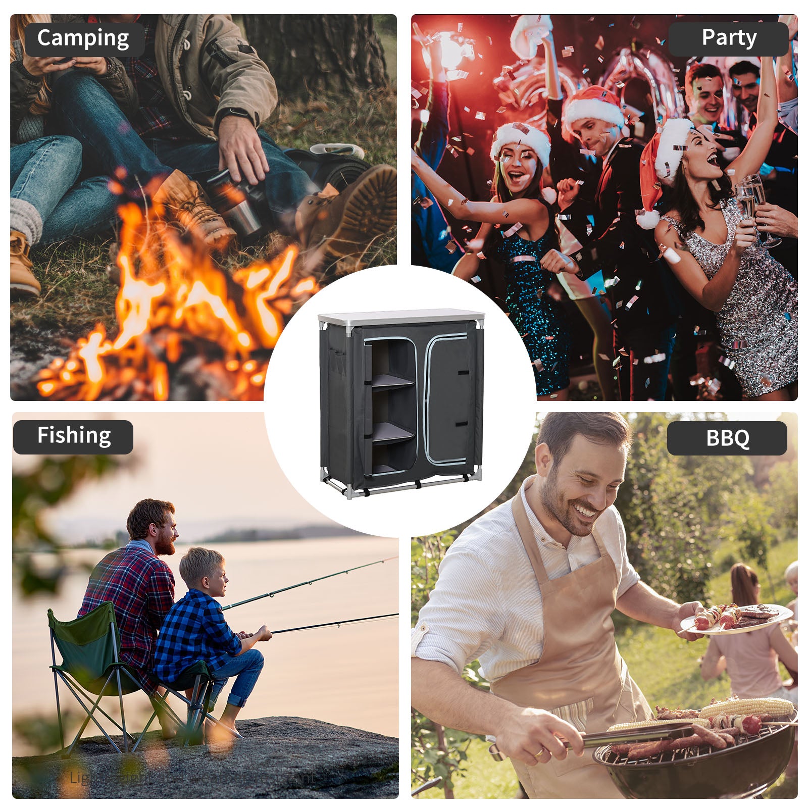 Outsunny Camping Kitchen Station, Aluminum Camping Table Cook Cupboard with 3-Shelf and Carrying Bag for BBQ Party Picnics Backyards