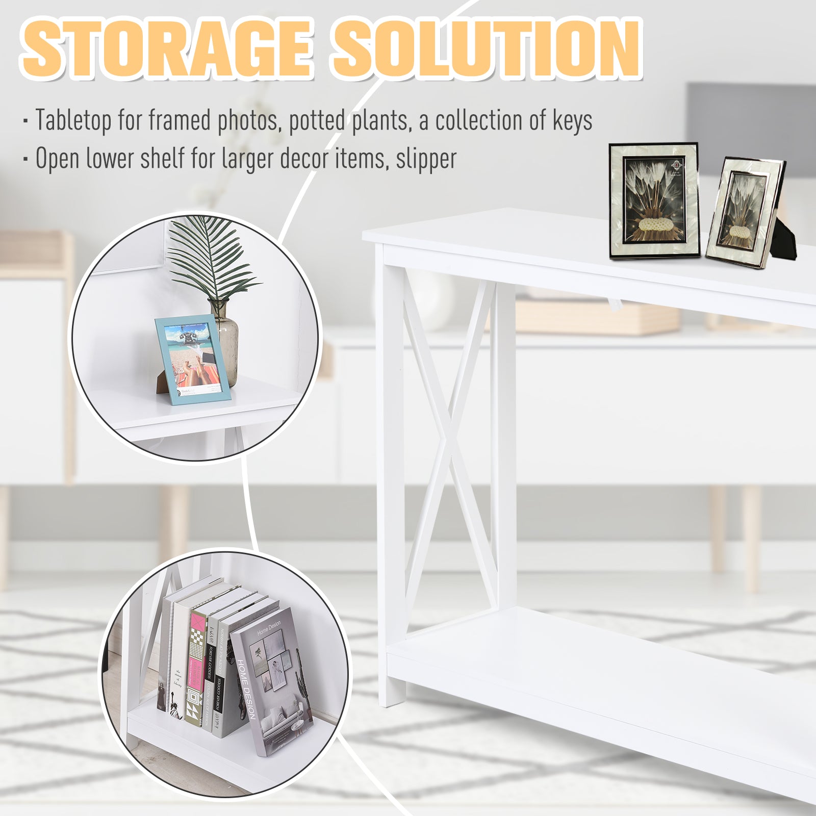 HOMCOM 2 Tier X-Design Console Table Sofa Side Table w/Storage Shelf for Living Room Entryway, White