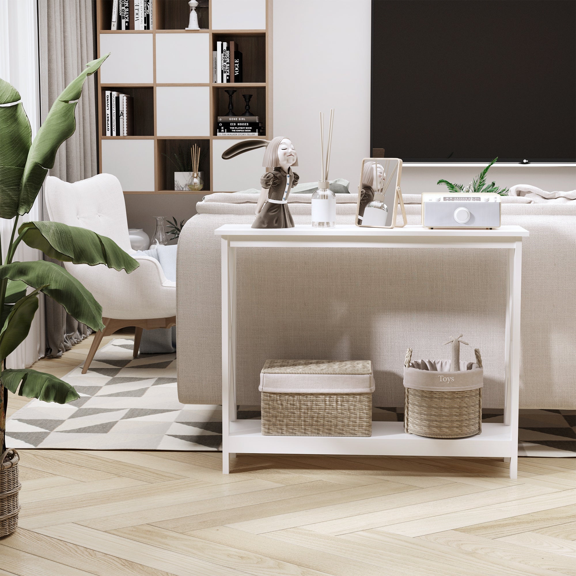 HOMCOM 2 Tier X-Design Console Table Sofa Side Table w/Storage Shelf for Living Room Entryway, White