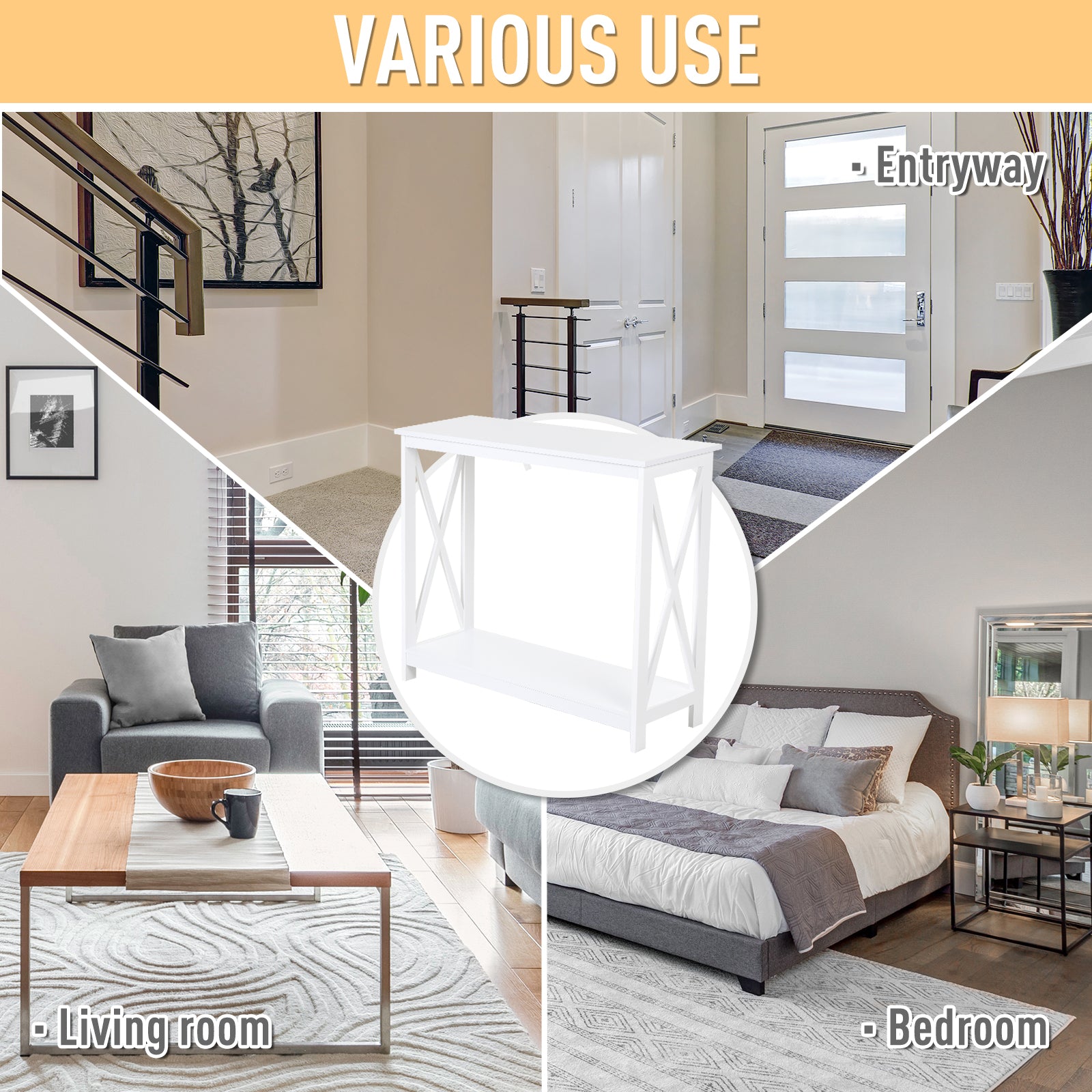 HOMCOM 2 Tier X-Design Console Table Sofa Side Table w/Storage Shelf for Living Room Entryway, White