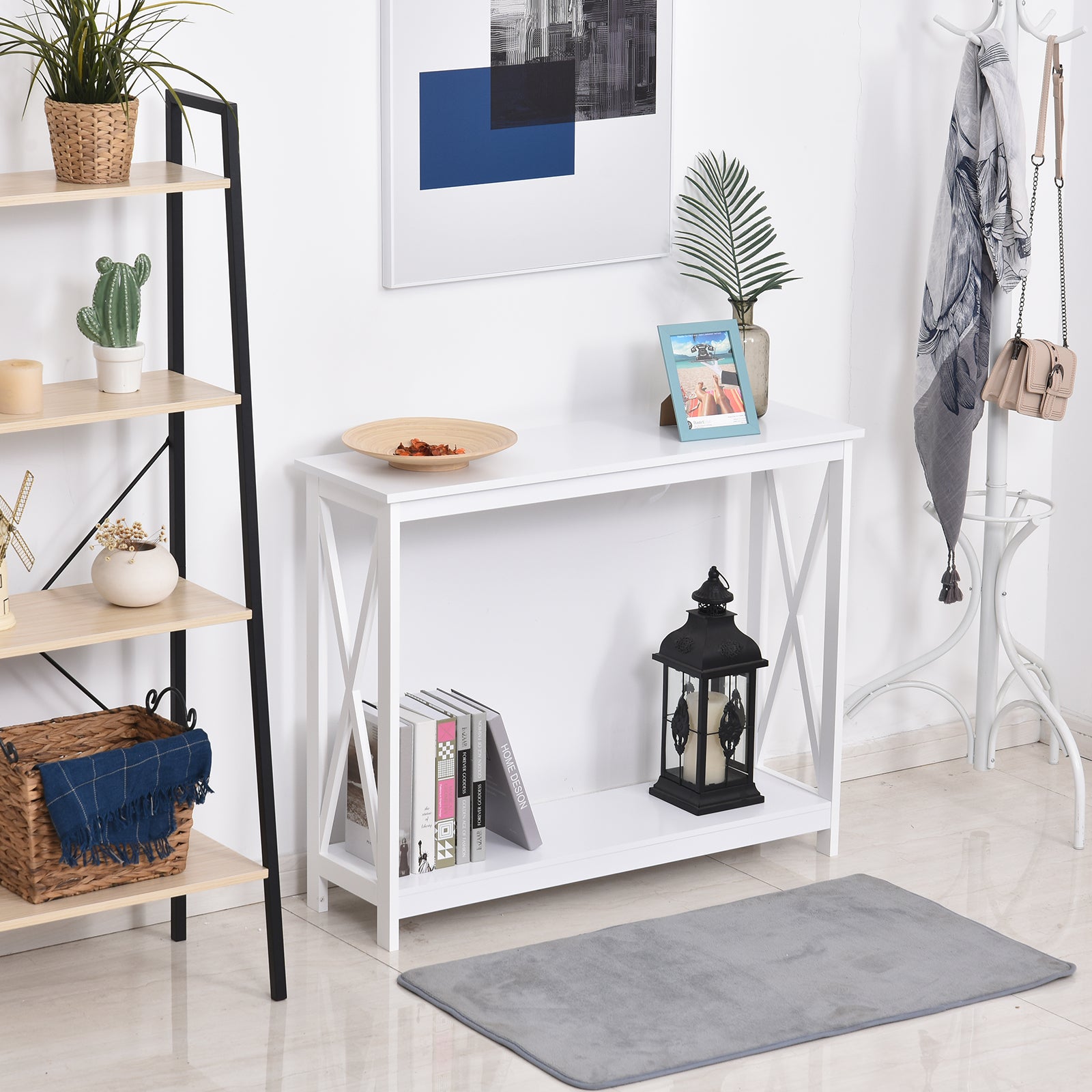 HOMCOM 2 Tier X-Design Console Table Sofa Side Table w/Storage Shelf for Living Room Entryway, White