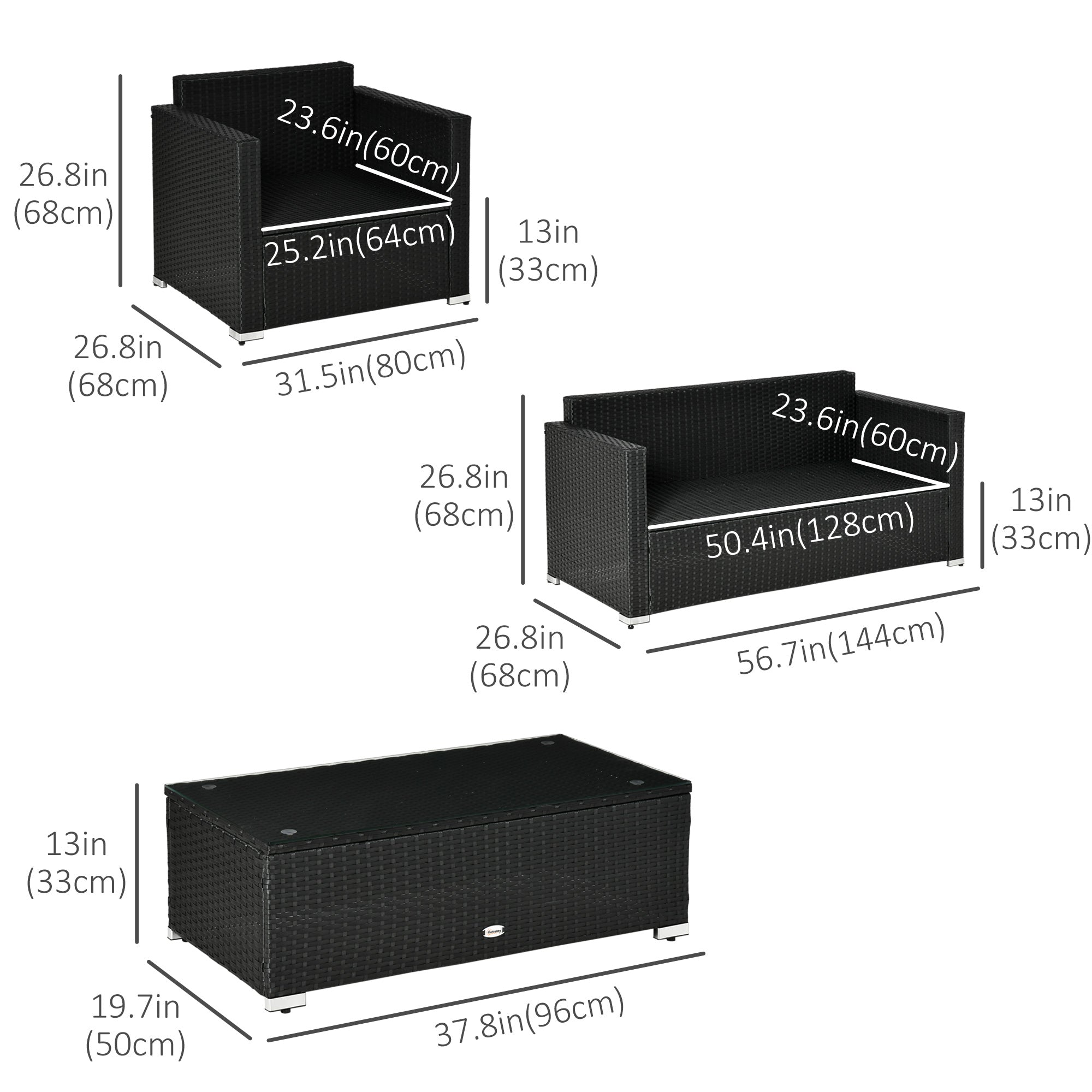 Outsunny 4 Pieces Wicker Patio Furniture Set with Thick Cushions, Outdoor PE Rattan Conversation Sofa Set with Glass Top Table & Extra Wide Seat, Sky Blue