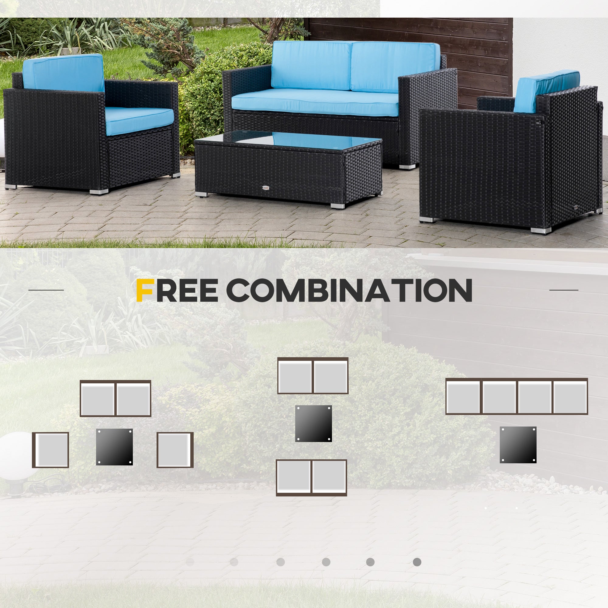 Outsunny 4 Pieces Wicker Patio Furniture Set with Thick Cushions, Outdoor PE Rattan Conversation Sofa Set with Glass Top Table & Extra Wide Seat, Sky Blue