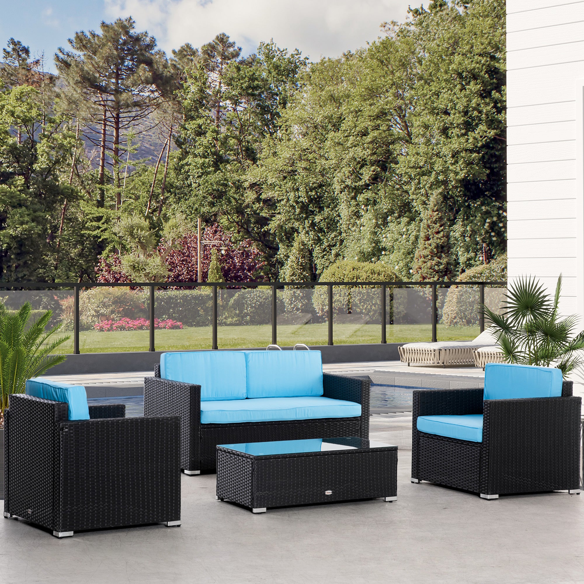 Outsunny 4 Pieces Wicker Patio Furniture Set with Thick Cushions, Outdoor PE Rattan Conversation Sofa Set with Glass Top Table & Extra Wide Seat, Sky Blue