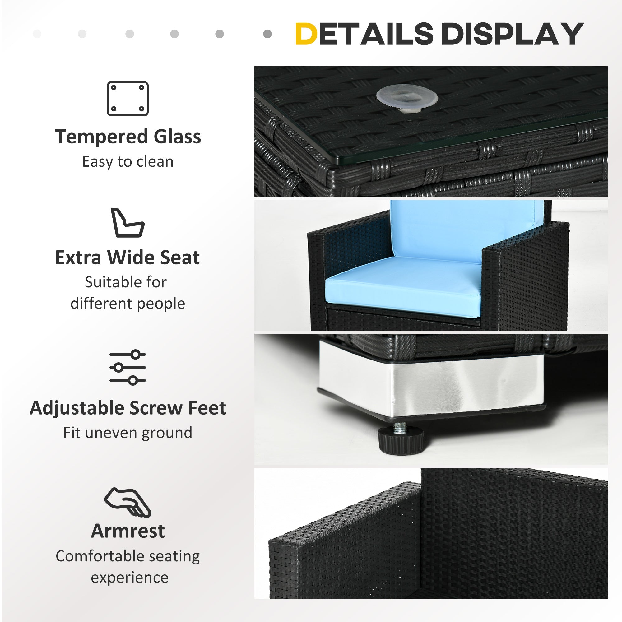 Outsunny 4 Pieces Wicker Patio Furniture Set with Thick Cushions, Outdoor PE Rattan Conversation Sofa Set with Glass Top Table & Extra Wide Seat, Sky Blue