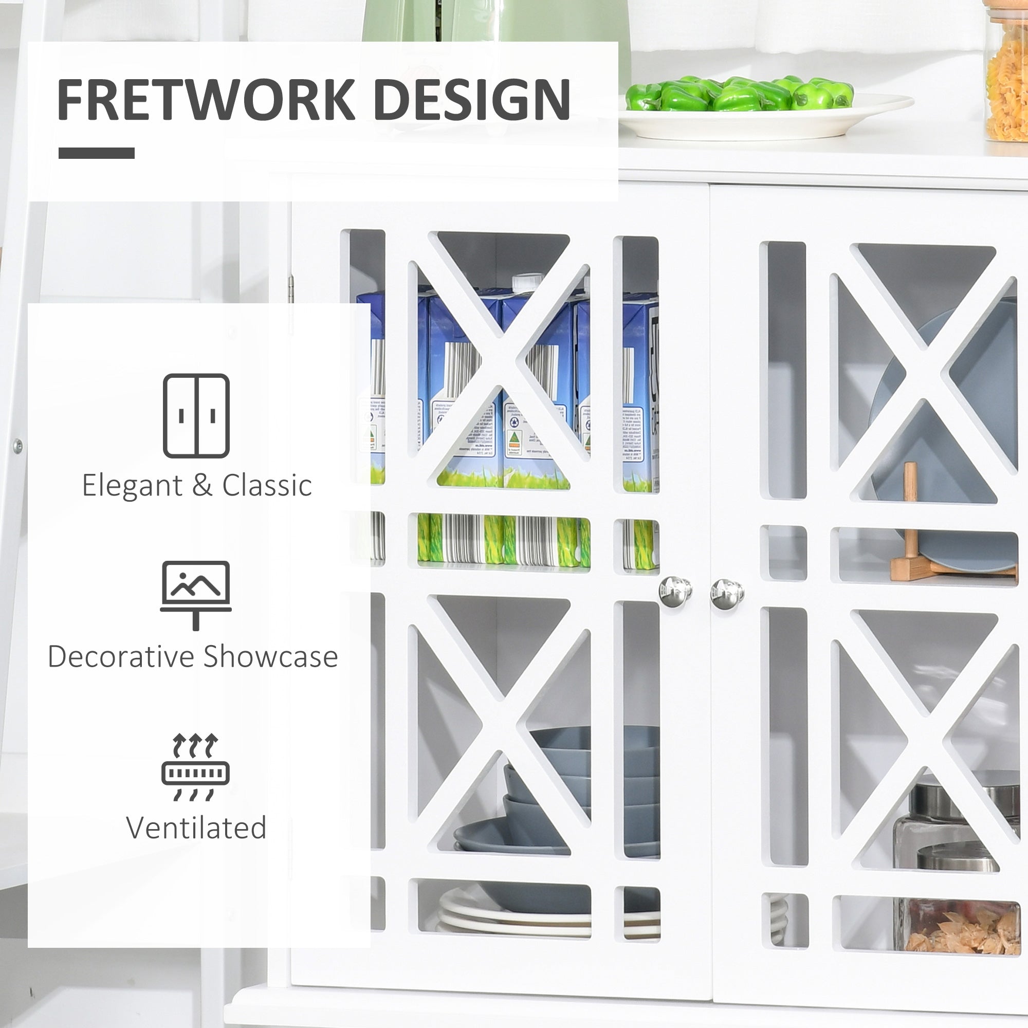 HOMCOM Storage Cabinet with Fretwork Doors and Shelf, Modern Freestanding Sideboard, Buffet, White