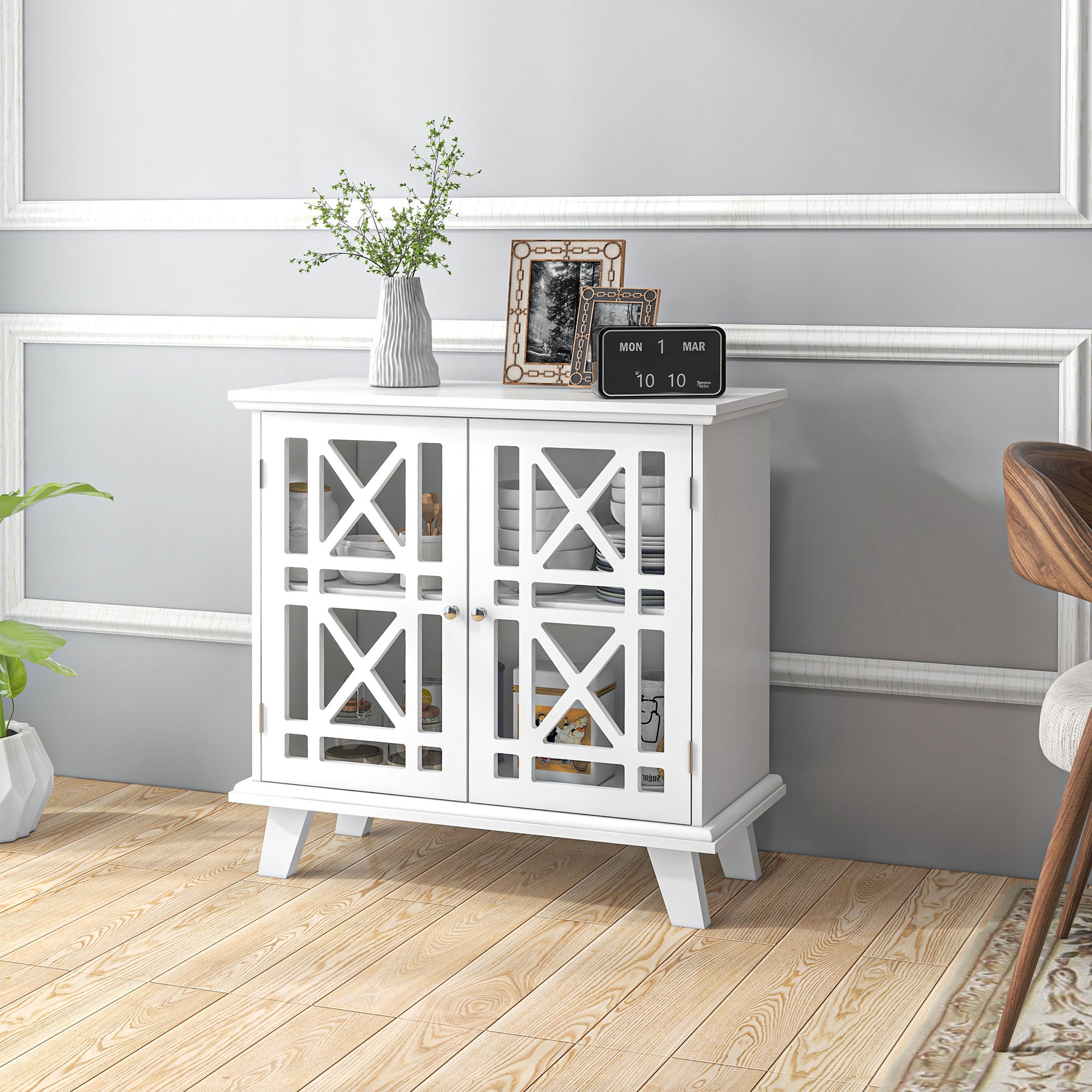 HOMCOM Storage Cabinet with Fretwork Doors and Shelf, Modern Freestanding Sideboard, Buffet, White