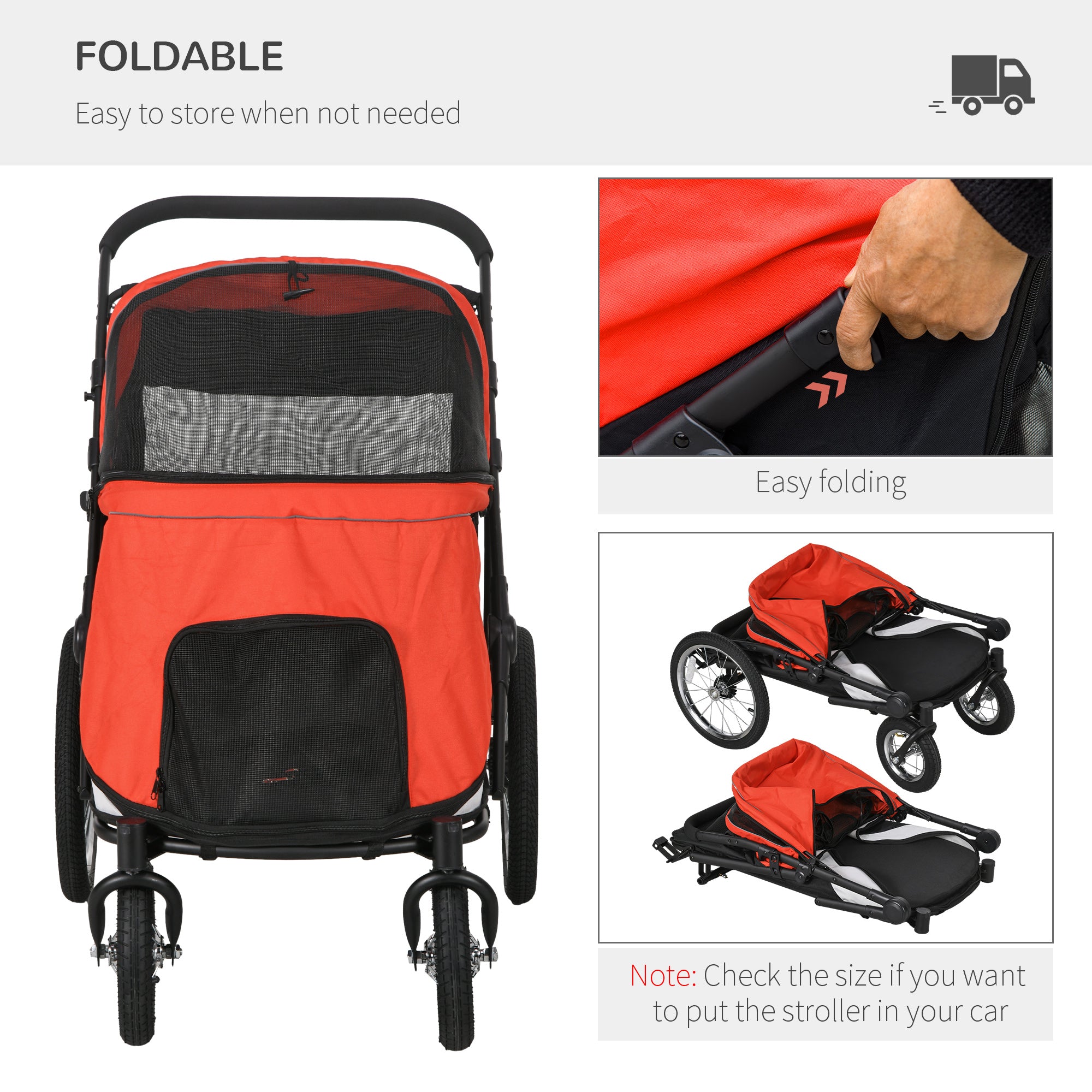 PawHut Dog Stroller for Medium and Large Dogs and Cats, Easy Fold Pet Stroller with Washable Cushion, Storage Bags, Safety Leash for Outdoor, Red