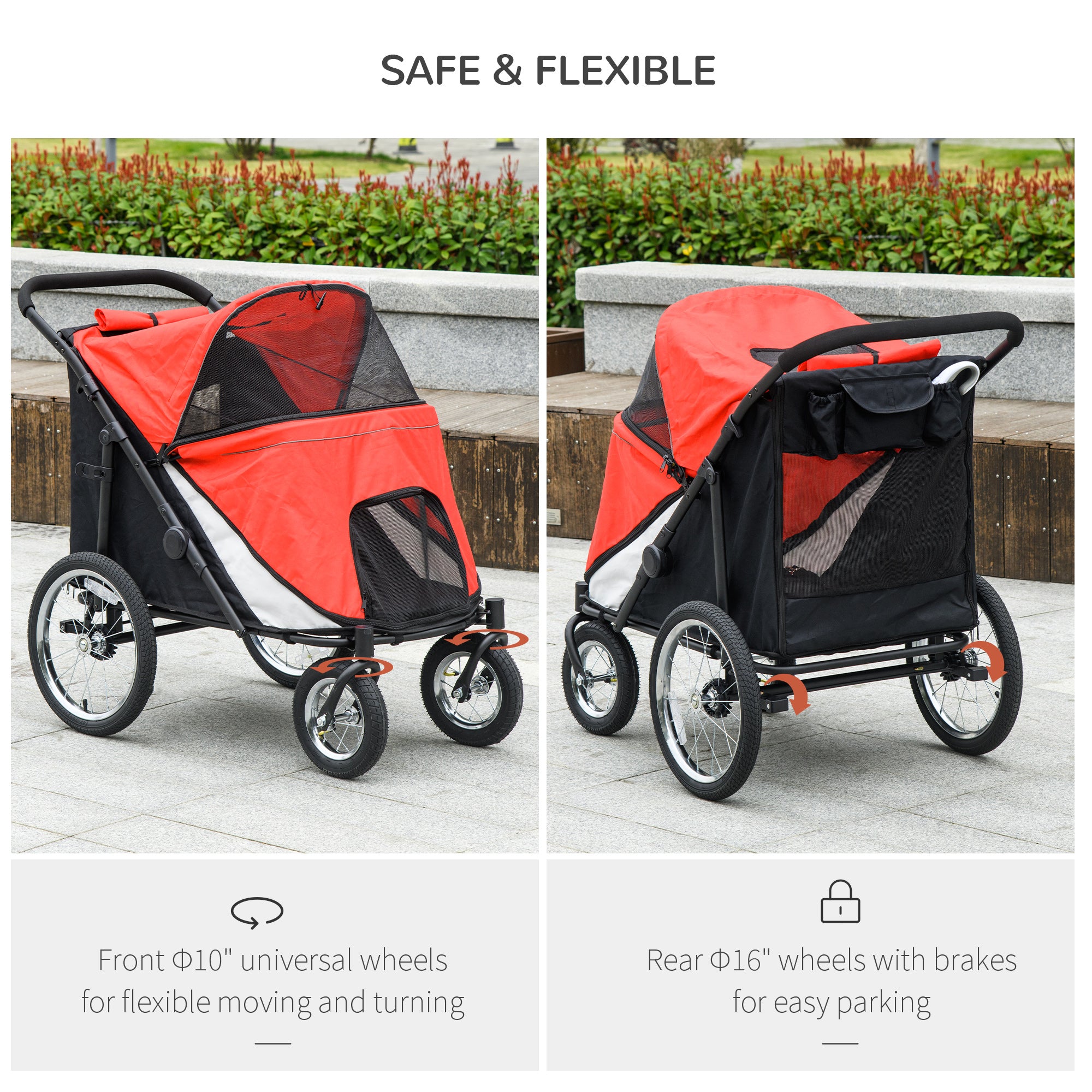 PawHut Dog Stroller for Medium and Large Dogs and Cats, Easy Fold Pet Stroller with Washable Cushion, Storage Bags, Safety Leash for Outdoor, Red