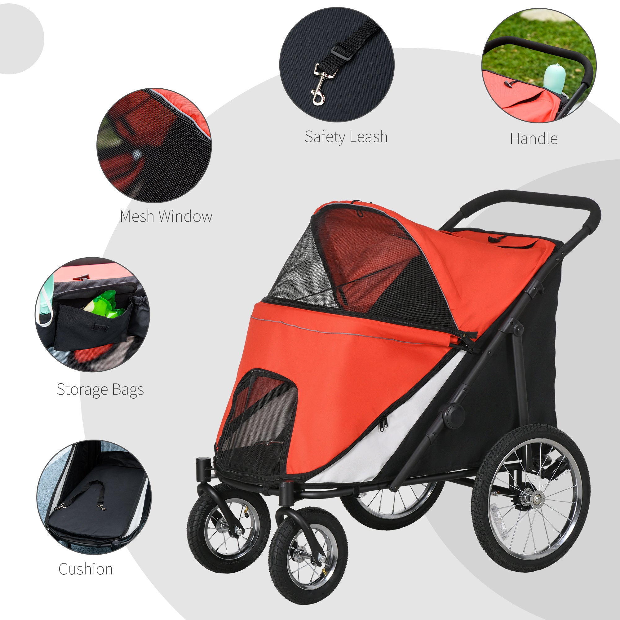 PawHut Dog Stroller for Medium and Large Dogs and Cats, Easy Fold Pet Stroller with Washable Cushion, Storage Bags, Safety Leash for Outdoor, Red