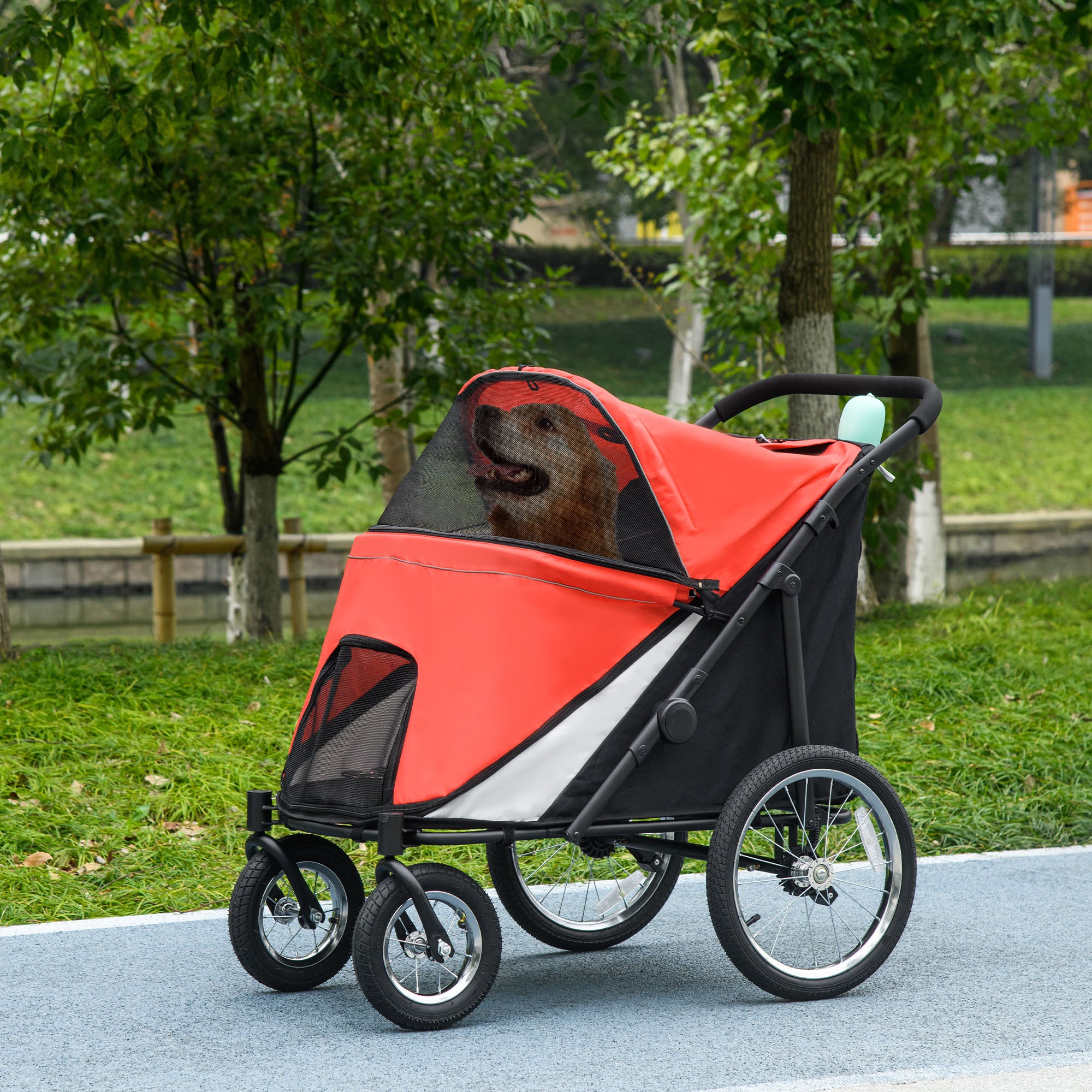 PawHut Dog Stroller for Medium and Large Dogs and Cats, Easy Fold Pet Stroller with Washable Cushion, Storage Bags, Safety Leash for Outdoor, Red
