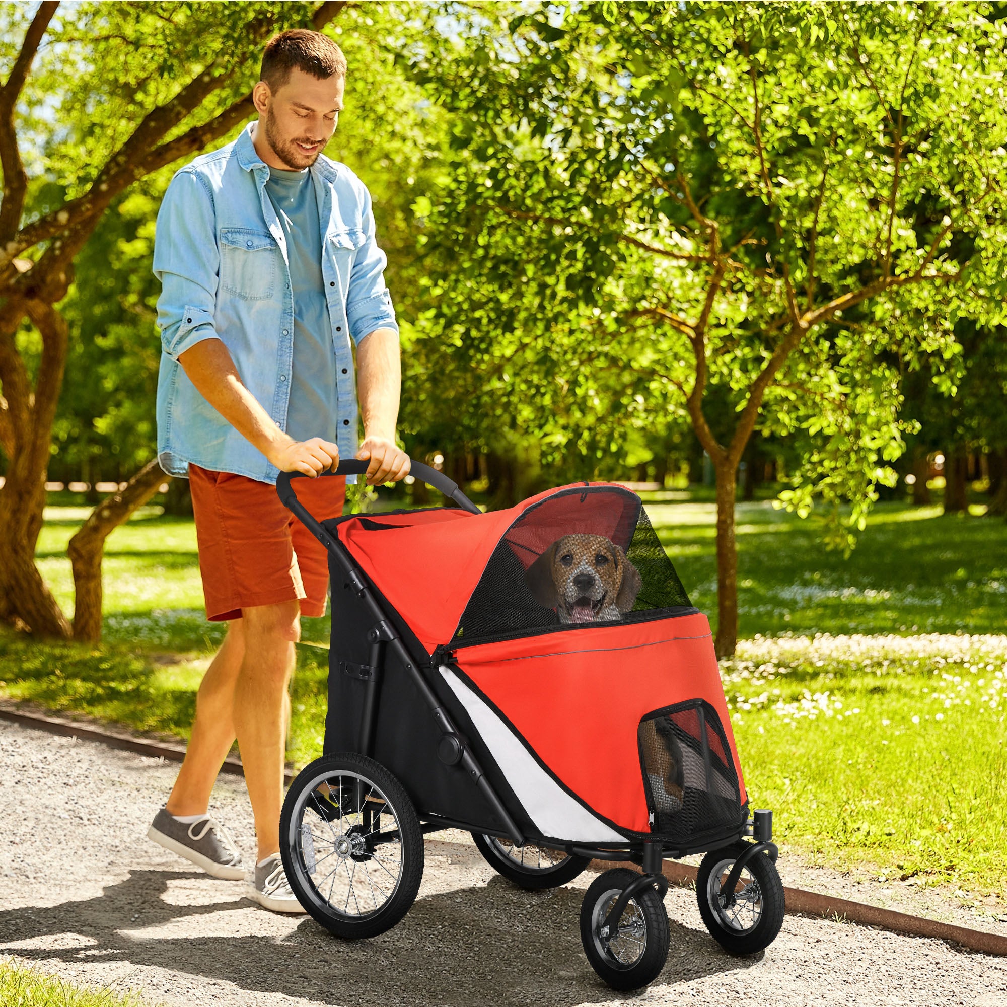 PawHut Dog Stroller for Medium and Large Dogs and Cats, Easy Fold Pet Stroller with Washable Cushion, Storage Bags, Safety Leash for Outdoor, Red