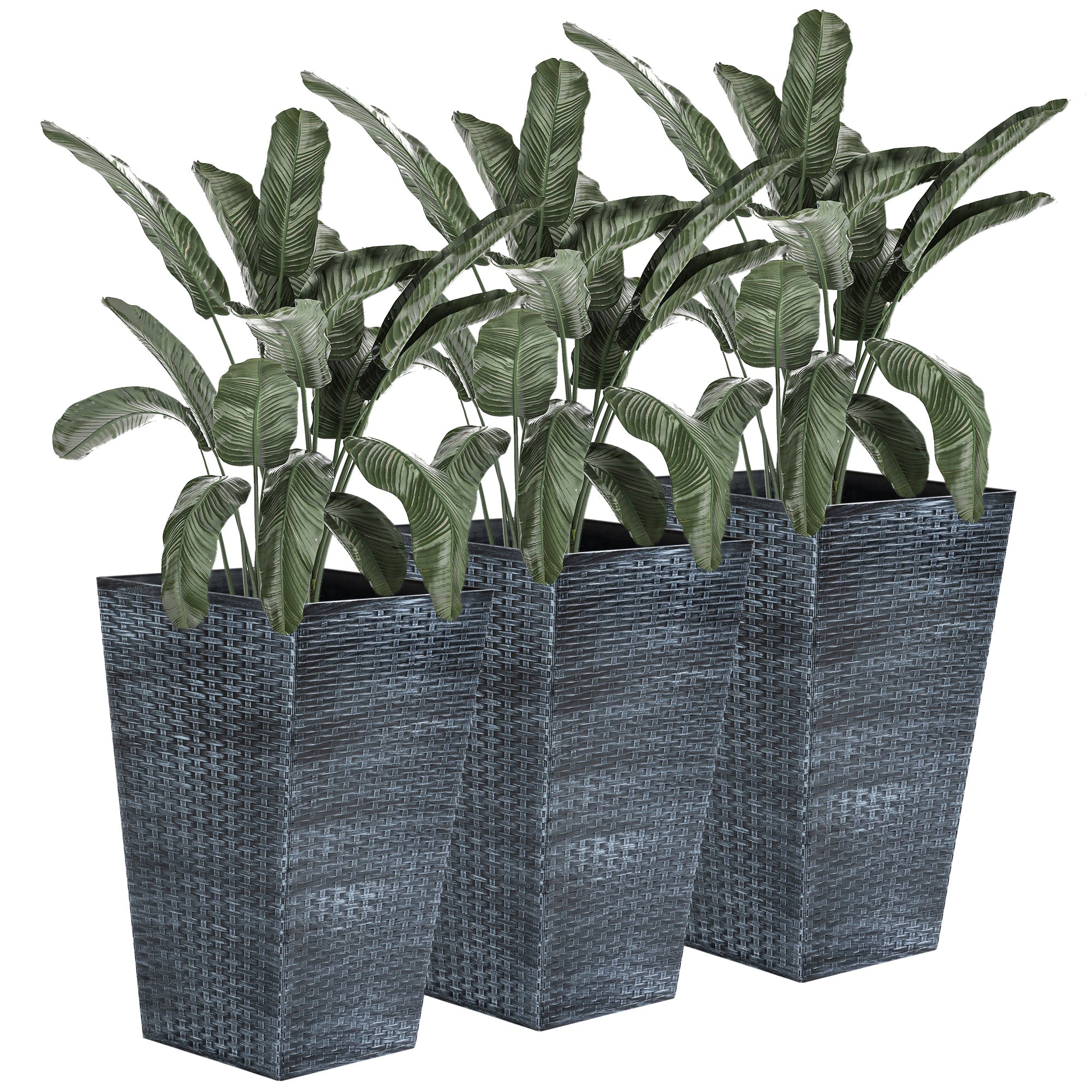 Outsunny Set of 3 Tall Planters for Outdoor Plants with Drainage Hole, Indoor Outdoor Planter Flower Pot Set for Front Door, Entryway, Patio and Deck, Mixed Grey