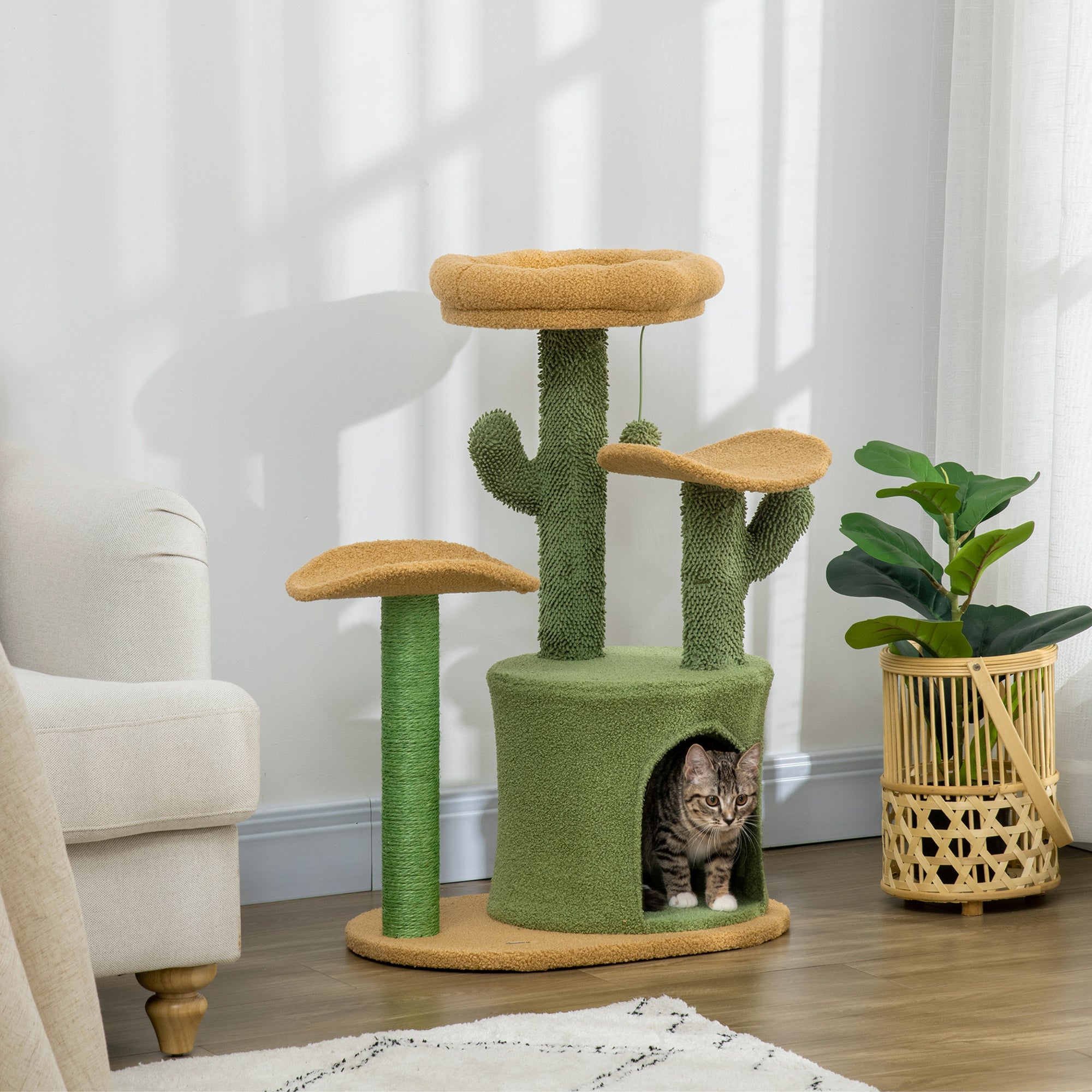 PawHut Cactus Cat Tree 83cm Cat Climbing Tower Kitten Activity Centre w/ Cat House, Bed, Sisal Scratching Post, Hanging Toy Ball - Green