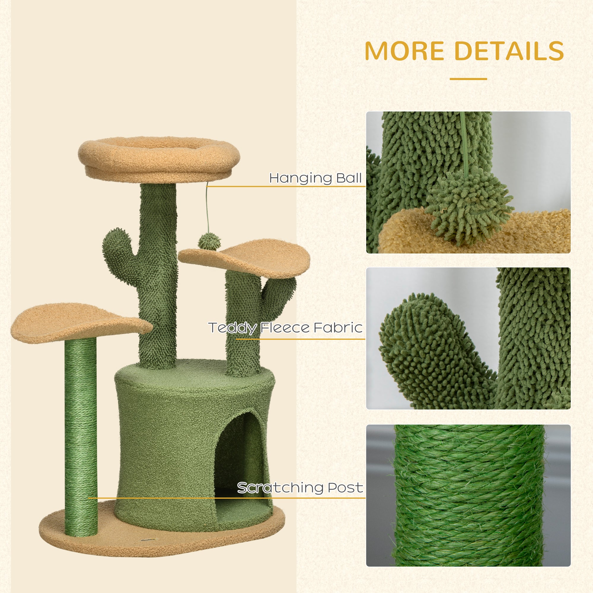 PawHut Cactus Cat Tree 83cm Cat Climbing Tower Kitten Activity Centre w/ Cat House, Bed, Sisal Scratching Post, Hanging Toy Ball - Green