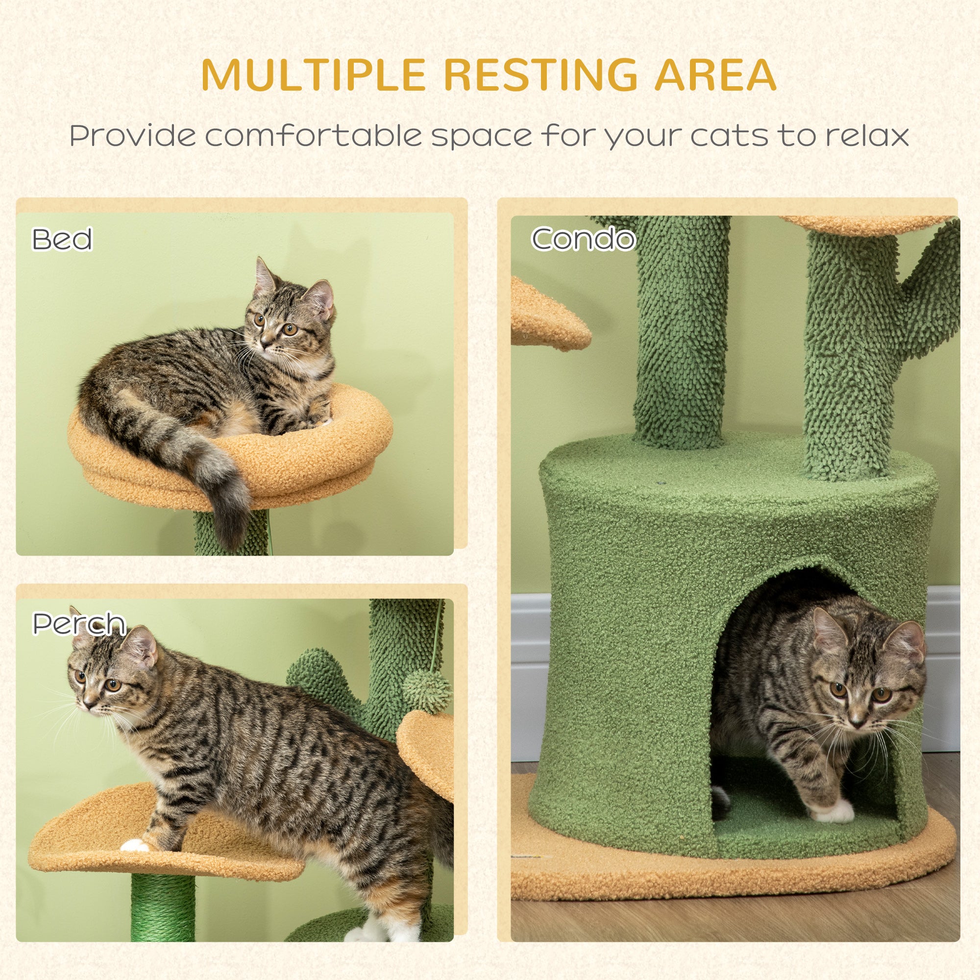 PawHut Cactus Cat Tree 83cm Cat Climbing Tower Kitten Activity Centre w/ Cat House, Bed, Sisal Scratching Post, Hanging Toy Ball - Green