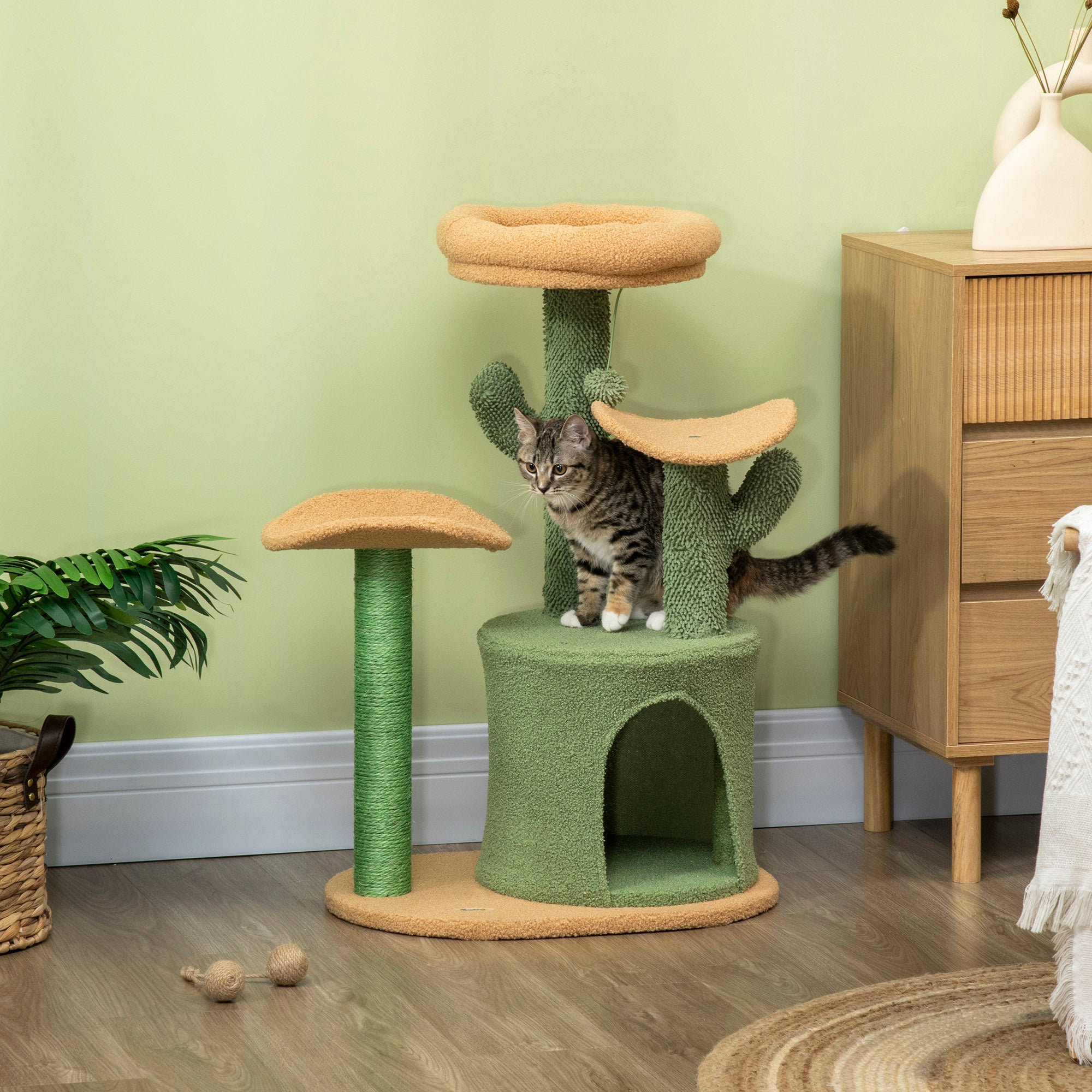 PawHut Cactus Cat Tree 83cm Cat Climbing Tower Kitten Activity Centre w/ Cat House, Bed, Sisal Scratching Post, Hanging Toy Ball - Green