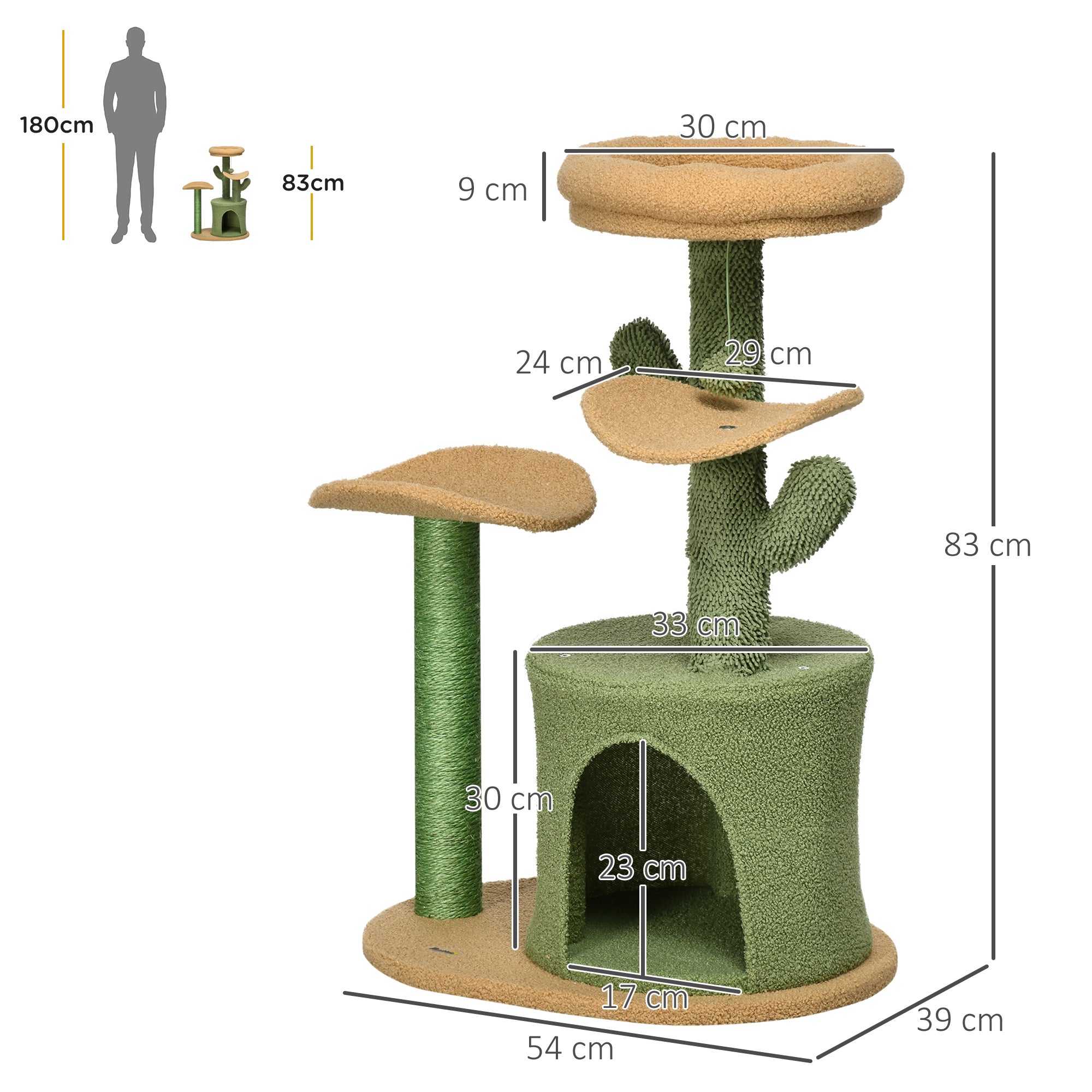 PawHut Cactus Cat Tree 83cm Cat Climbing Tower Kitten Activity Centre w/ Cat House, Bed, Sisal Scratching Post, Hanging Toy Ball - Green