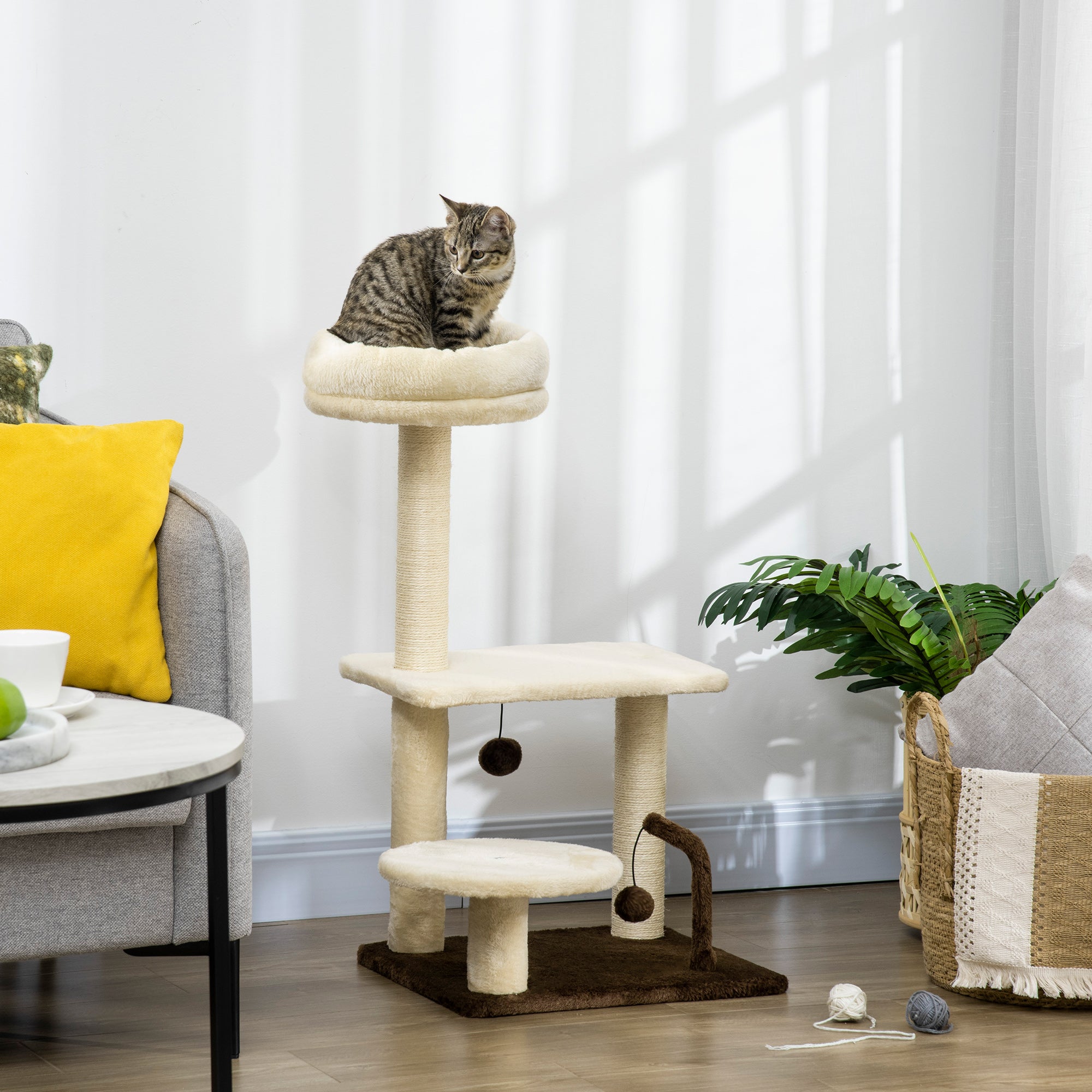 PawHut 29 Inches Cat Tree Kitty Tower with Sisal Scratching Post Bed Perch Ball Teaser Toy, Beige