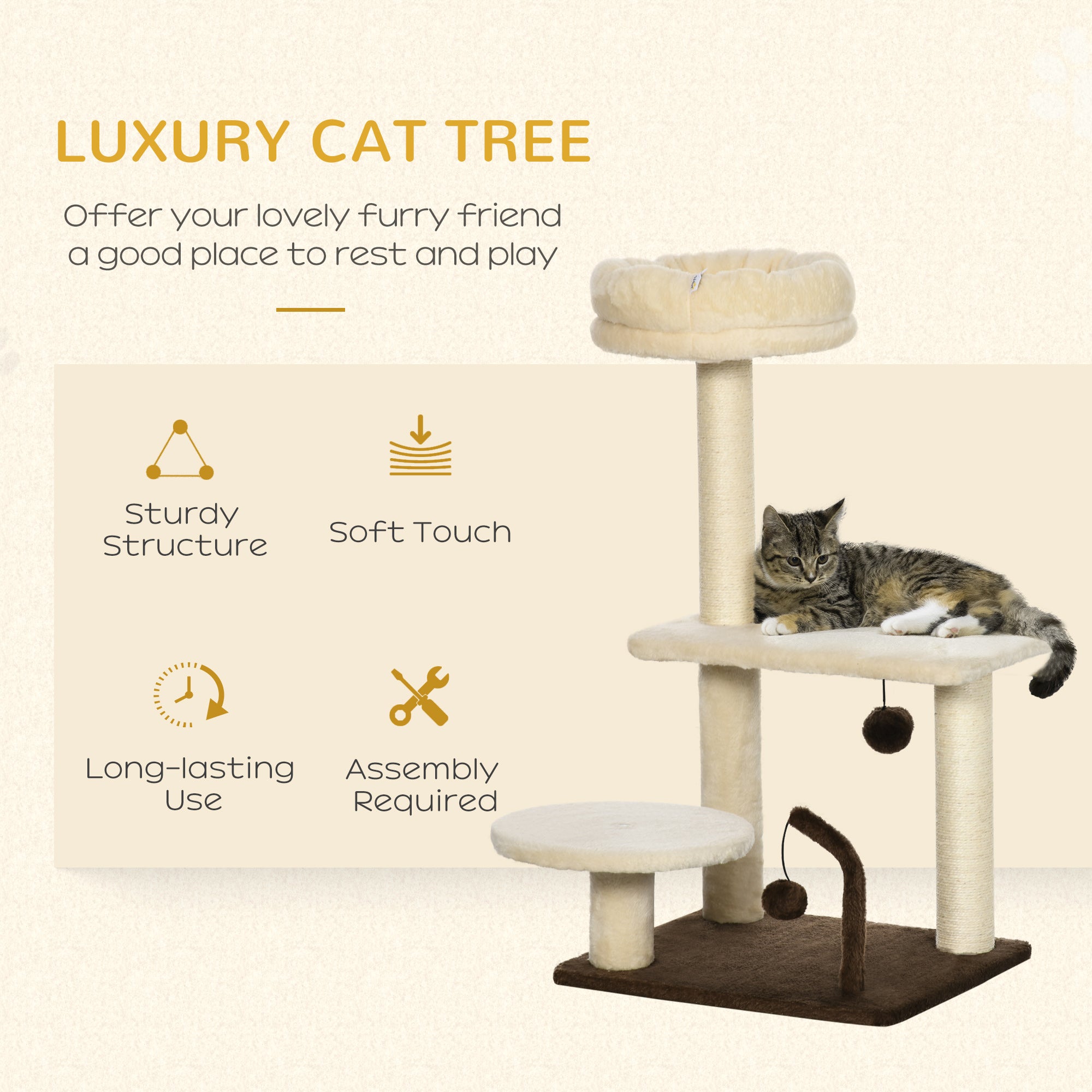 PawHut 29 Inches Cat Tree Kitty Tower with Sisal Scratching Post Bed Perch Ball Teaser Toy, Beige