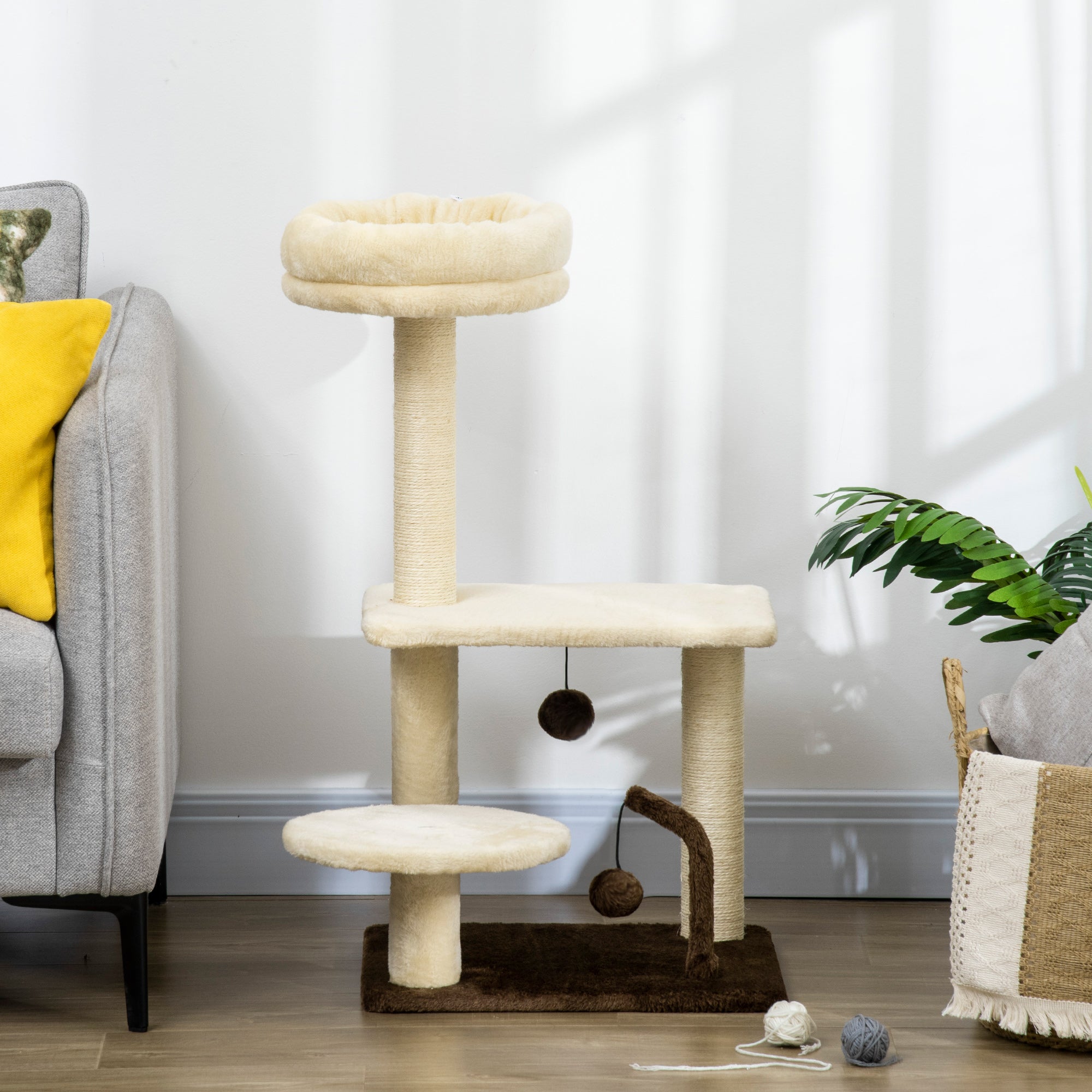 PawHut 29 Inches Cat Tree Kitty Tower with Sisal Scratching Post Bed Perch Ball Teaser Toy, Beige