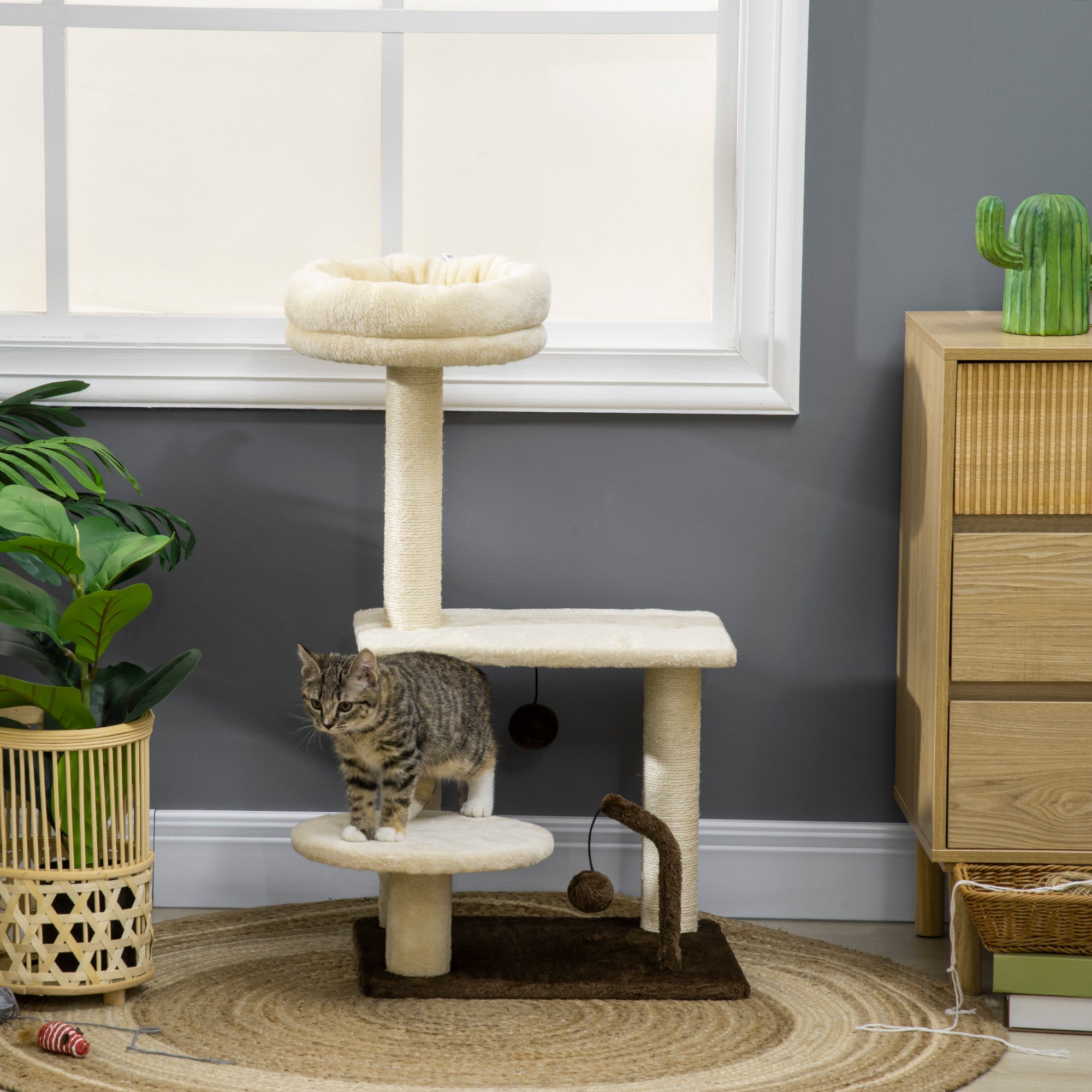 PawHut 29 Inches Cat Tree Kitty Tower with Sisal Scratching Post Bed Perch Ball Teaser Toy, Beige