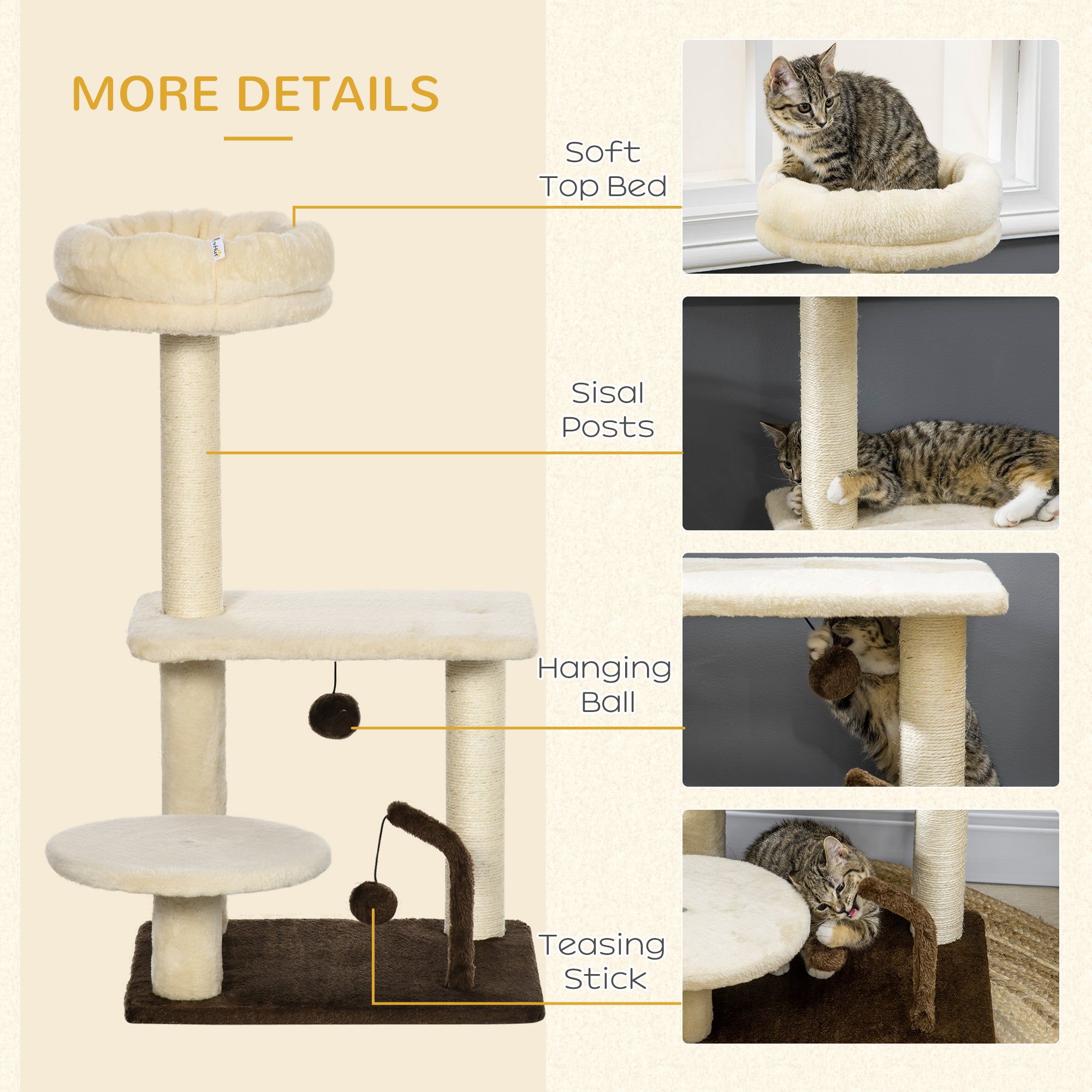 PawHut 29 Inches Cat Tree Kitty Tower with Sisal Scratching Post Bed Perch Ball Teaser Toy, Beige