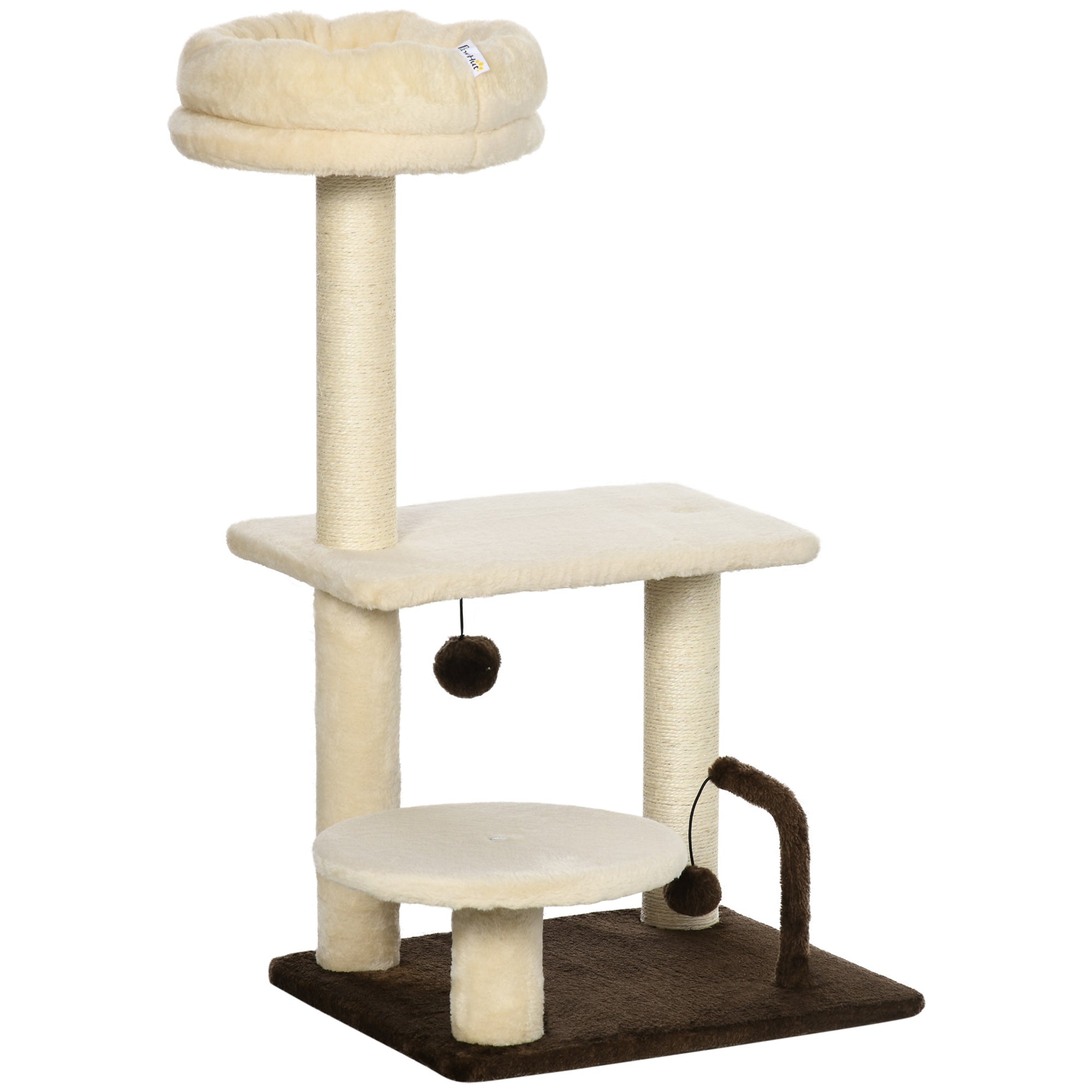 PawHut 29 Inches Cat Tree Kitty Tower with Sisal Scratching Post Bed Perch Ball Teaser Toy, Beige